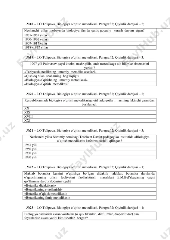 lab tabiyotshunoslik fani biologiya fani deb atala boshlanlan? 1917 yildan boshlab 1907 yildan boshlab 1900 yildan boshlab 1817 yildan boshlab №17 – j.o.tolipova. biologiya o’qitish metodikasi. paragraf 2; qiyinlik darajasi – 3; nechanchi yildan boshlab barcha biologik dastur va biologiya darsliklariga genetika, ekologiya, tsitologiya, bioximiya, molekulyar biologiya fanlarining so`nggi yutuqlari kiritildi? 1964 yil 1907 yil 1917 yi 1802 yil №18 – j.o.tolipova. biologiya o’qitish metodikasi. paragraf 2; qiyinlik darajasi – 2; nechanchi yillar mobaynida biologiya fanida qattiq goyaviy kurash davom etgan? 1935-1965 yillar 1900-1930 yillar 1907-1917 yillar 1918 -1937 yillar №19 – j.o.tolipova. biologiya o’qitish metodikasi. paragraf 2; qiyinlik darajasi – 3; 1907 yili polovtsov qaysi kitobni nashr qilib, unda metodikaga oid bilimlar sistemasini yoritdi? «tabiyotshunoslikning umumiy metodika asoslari» «qishloq bilan shaharning bog’liqligi» «biologiya o`qitishning umumiy metodikasi» «biologiya o`qitish metodikasi” №20 – j.o.tolipova. biologiya o’qitish metodikasi. paragraf 2; qiyinlik darajasi – 2; respublikamizda biologiya o`qitish metodikasiga oid tadqiqotlar … asrning …