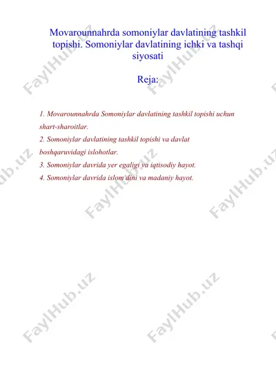 movarounnahrda somoniylar davlatining tashkil topishi. somoniylar davlatining ichki va tashqi siyosati — DOCX