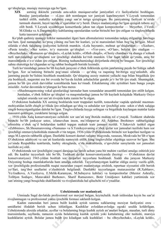 yirik asarlar — kantata, oratoriyalar mualliflari sifatida — i.s.bax, g.gendel, k.glyuk ijodi, keyinchalik meyerber, j.verdi, shu bilan birga f.shubert, b.mendelson, r.shuman kabi romantik kompozitorlar ijodida kamer xor musiqasi rivoj topdi. shu davrda qo‘shiq sevadiganlar xor jamoalari «lidertafel’» (nemischa so‘z bo‘lib, «yetakchi qo‘shiqchi» ma’nosini anglatadi. germaniya, avstriya va shveytsariya davlatlarida keng rivojlangan) va «orfeon» (fransuzcha «xor sevuvchilar jamoasi» 1818-yilda parijda g.vilemom rahbarligida) paydo bo‘lgan. xor san’atining cherkov musiqa san’atidan asta-sekin tashqariga chiqishi, opera teatrlarining shakllanishi, xix asrdagi milliy kompozitorlik maktabini xalq omma musiqasiga chambarchas bog‘lanib ketishi rossiya, boltiq bo‘yi davlatlari — chexiya, bolgariya, vengriya va boshqa davlatlarda namoyon bo‘lgan. keyinchalik aqsh, lotin amerikasi, yaponiya davlatlarida ham bu jarayon davom ettirilgan. rossiyada xor ijrochiligi. ko‘p asrlardan buyon rus xor san’ati o‘zining izchilligi bilan ajralib turadi. rus xor ijrochiligi va ijodiyoti xalq ijrochiligi va cherkov ijrochiligi yo‘nalishida rivojlanib, bir-biriga o‘zaro bog‘langan yo‘nalishlar tashkil etgan. bularga qishloq va shahar qo‘shiqlari, qo‘shiqcevarlar xor jamoalari, maktab …