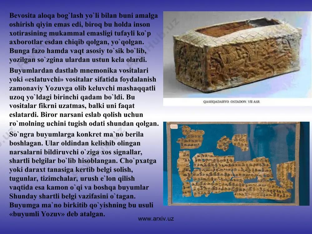 alarni yodlab qolish uchun, rang-barang tizimchalar esa ancha murakkab xabarlar uchun qo`llanilgan. hindlarda har bir rang muayyan ma`noni: qora rang - baxtsizlikni, o`limni, binafsharang - xavf-xatafni yoki dushmanlikni, qizil rang - urushni, oq rang - tinchlikni, sariq rang - oltinni, yashil rang - don-dunni bildirgan. hindlar turli ranglarni va tugunlarni turlicha qo`shib ishlatib har xil xabarlarni bildirish imkoniyatiga ega bo`lganlar. ba`zi olimlar, kipuga qonunlar majmui, xronikalar, xatto she`rlar yozilgan bo`lishi mumkin, degan fikrni aytmokdalar. boshqa olimlar esa murakkab yozuvlarni tugunlar va rangba-rang tizimcha yordamida amalga oshirish mumkin emas demoqdalar. penna kamari (maktub) www.arxiv.uz www.arxiv.uz hindlarda har bir rang muayyan ma`noni: qora rang - baxtsizlikni, o`limni, binafsharang - xavf-xatafni yoki dushmanlikni, qizil rang - urushni, oq rang - tinchlikni, sariq rang - oltinni, yashil rang - don-dunni bildirgan. hindlar turli ranglarni va tugunlarni turlicha qo`shib ishlatib har xil xabarlarni bildirish imkoniyatiga ega bo`lganlar. ba`zi olimlar, kipuga qonunlar majmui, xronikalar, xatto she`rlar …