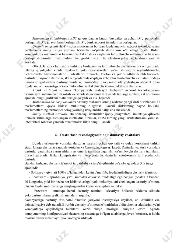 ay muloqotni ta’minlaydi. 1981 yildan 1995 yilgacha ibm pc shaxsiy kompyuterlarining asosiy operatsion tizimi ms dos edi. shu yillar ichida u ms dos 22 versiyasigacha bo’lgan rivojlanish bosqichlarini bosib o’tdi. tarmoq ot. tarmoqqa ulangan kompyuterlarni yakkaxol va birgalikda ishlashini ta’minlovchi maxsus dasturlar majmuasidan iborat ot – tarmoq operatsion tizimi deyiladi. ushbu ot tarmoq ichra ma’lumotlarni almashish, saqlash, qayta ishlash, uzatish kabi xizmatlarni ko’rsatadi. drayverlar. ular ot imkoniyatini kengaytiradi. jumladan, kompyuterning kiritish-chiqarish qurilmalarini (klaviatura, sichqoncha, printer va boshq.) boshqarishda yordam beradi. drayverlar yordamida kompyuterga yangi qurilmalarni ulash yoki mavjud qurilmalardan nostandart ravishda foydalanish mumkin. yordamchi (xizmat ko’rsatuvchi) dtga asosiy dt imkoniyatlarini kengaytiruvchi va foydalanuvchining interfeysini qulayroq tashkil etuvchi dasturlar kiradi. bular tashxis qiluvchi, kompyuterning ishchanligini oshiruvchi, antivirus, tarmoq ishini ta’minlovchi va boshqa dasturlardir. 3. amaliy dasturiy ta’minot. kompyuterning dasturiy ta’minoti orasida eng ko’p qo’llaniladigani amaliy dasturiy taminotdir (adt). adt ni quyidagicha tasniflash mumkin: adt muammoga yo’naltirilgan sun’iy intellekt tizimlari kichik nashriyot …