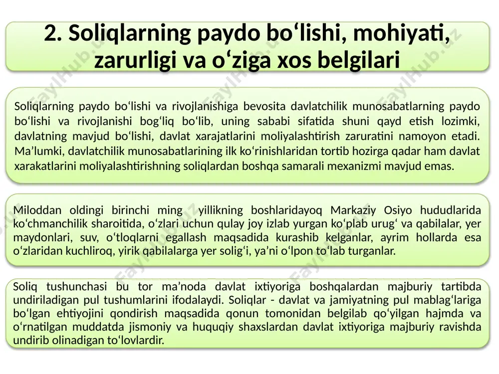 mentlari aniqlangan bo‘lishi kerak. soliq solishning adolatliligi prinsipi - soliq solish umumiydir. soliqlar va boshqa majburiy to‘lovlar bo‘yicha imtiyozlarni belgilash ijtimoiy adolat prinsiplariga mos bo‘lishi kerak. soliqlar va boshqa majburiy to‘lovlar bo‘yicha yakka tartibdagi xususiyatga ega bo‘lgan imtiyozlar berilishiga yo‘l qo‘yilmaydi. soliqlar va boshqa majburiy to‘lovlar kamsitish xususiyatiga ega bo‘lishi mumkin emas hamda ijtimoiy, irqiy, milliy, diniy va boshqa shu kabi mezonlardan kelib chiqqan holda qo‘llanilishi mumkin emas. soliq tizimining yagonaligi prinsipi - soliq tizimi o‘zbekiston respublikasining butun hududida barcha soliq to‘lovchilarga nisbatan yagonadir. o‘zbekiston respublikasining bojxona hududi doirasida tovarlarning (ishlarning, xizmatlarning) yoki moliyaviy mablag‘larning erkin muomalada bo‘lishini bevosita yoki bilvosita cheklab qo‘yadigan soliqlar va boshqa majburiy to‘lovlar belgilanishiga yo‘l qo‘yilmaydi. soliq to‘g‘risidagi qonun hujjatlarining oshkoraligi prinsipi - soliq solish masalalarini tartibga soluvchi normativ-huquqiy hujjatlar rasmiy nashrlarda e’lon qilinishi shart. barchaning e’tibori uchun rasmiy e’lon qilinmagan normativ-huquqiy hujjatlar kuchga kiritilmagan hujjat sifatida huquqiy oqibatlarni keltirib chiqarmaydi va soliq sohasidagi munosabatlarni …