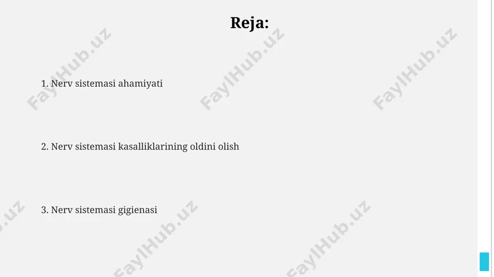 lit, yiliga 100 000 dan ortiq odamni qamrab oladi va o'z vaqtida davolanmasa, jiddiy asoratlarga olib kelishi mumkin. nerv sistemasini himoya qilish usullari nerv sistemasining sog‘lomligini saqlash uchun kuniga kamida 7-8 soat sifatli uyquga e’tibor berish, chunki uyqu vaqtida miya hujayralari ta’mirlanadi va yangilanadi. to‘g‘ri va muvozanatli ovqatlanish, jumladan, b guruhi vitaminlari, omega-3 yog‘ kislotalari va antioksidantlarga boy oziq-ovqatlarni iste’mol qilish nerv sistemasining normal ishlashi uchun zarurdir. stress va tashvish darajasini pasaytirish uchun kundalik hayotga meditatsiya yoki yoga kabi 15-20 daqiqalik relaksatsiya mashqlarini kiritish muhim ahamiyatga ega. nerv sistemasining gigiyenasi to‘g‘ri va muvozanatli ovqatlanish, jumladan, b guruhi vitaminlari va omega-3 yog‘ kislotalari miqdori yuqori bo‘lgan mahsulotlarni iste’mol qilish, nerv sistemasining normal ishlashi uchun juda muhimdir. nerv sistemasining sog‘lomligini saqlash uchun kuniga kamida 7-8 soat sifatli uyqu muhim, chunki bu vaqtda miya hujayralari ta’mirlanadi va neyrotransmitterlar ishlab chiqariladi. stress va haddan tashqari jismoniy zo‘riqish nerv sistemasiga salbiy ta’sir ko‘rsatadi, shuning uchun …