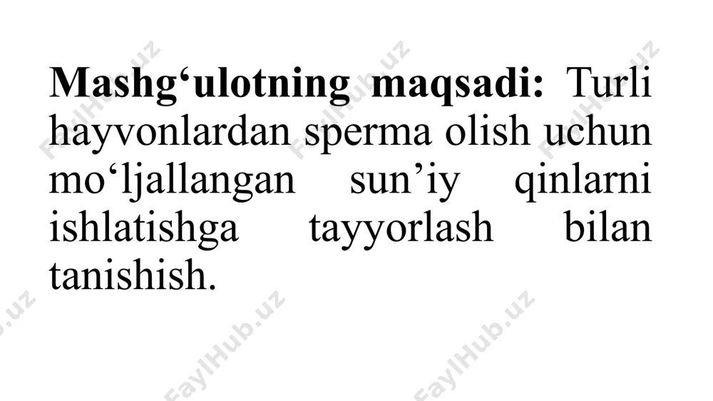 k) yaratiladi. naslli erkak hayvonlardan sperma sun’iy urug‘lantirish stansiyasining yoki naslchilik xo‘jaligining manejida, qo‘ylarni sun’iy urug‘lantirish punktlarida va ayrim hollarda sigir va cho‘chqalarni sun’iy urug‘lantirish punktlarida olinadi. buqalardan sperma olish uchun manejning maydoni 60-70 m2, qo‘chqor va erkak cho‘chqalar uchun 20 m2, ayg‘irlar uchun - 50 m2 va balandligi 4 m bo‘lishi, havoning harorati esa +18°c dan past bo‘lmasligi kerak. sun’iy qinning tuzilishi va ularni ishlatishga tayyorlash.buqa uchun mo‘ljallangan sun’iy qinning 1942 yilgi nusxasi tashqi tomonidan qayishqoq rezinali silindr, ichki tomonida rezinali kamera bo‘ladi. u silindrga kiygizilib, ikki tomoni uning ustiga chiqarilib, uchtadan rezinali halqa bilan silindr tanasiga mahkamlanadi. silindrning o‘rta qismiga suv solinadigan voronkasimon patrubka teshigi bo‘ladi. patrubka teshigiga ebonitdan yasalgan jo‘mrak o‘rnatiladi va u orqali sun’iy qinga bosim hosil qilish uchun havo yuboriladi. sun’iy qin uchlaridan biriga rezinali ushlagich bilan mahkamlangan urug‘ yig‘gich o‘rnatiladi. buqalar uchun mo‘ljallangan qisqa silindrli sun’iy qin. polietilendan yasalgan bir marta qo‘llaniladigan urug‘ yig‘gichni …