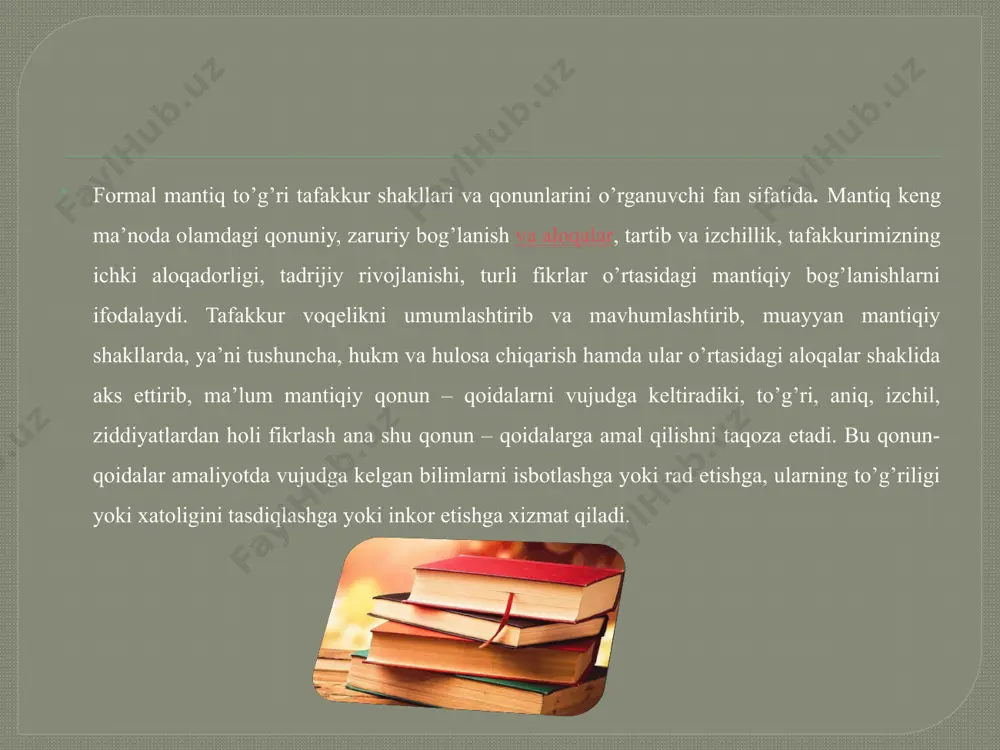 blarni olish mumkin. hozirgi zamon mantiq ilmini simvollarsiz, matematik mavhumiyliksiz tasavvur qilib bo’lmaydi. shuning uchun mantiq ilmi mutaxassislari matematik mantiq asoslari bilan tanish bo’lishlari zarur. mantiq jarayonini turli simvollar bilan ifodalashga intilish arastu asarlaridayoq ko’zga tashlanadi. xvi – xvii asrlarga kelib, mexaniqa va matematika fani rivojlanishi bilan matematik metodni mantiqqa tadbiq etish imkoniyati kengaya bordi. nemis faylasufi leybnits har xil masalalarni yechishga imkon beruvchi mantiqiy matematik metod yaratishga intilib, mantiqni matematiklashtirishga asos soldi. induktiv mantiq (lot. intuitio – dikqat bilan e’tibor berish, diqqat bilan kuzatish) – hozirgi zamon noklassik mantig’i tarmog’i bo’lib, matematik intuitsiya prinsiplaridan kelib chiqadi. bu prinsiplar xx asr olimlari l. e. brauer va a. geytinglar tomonidan ishlab chiqilgan. ma’lumki, nemis olimi kantor ishlab chikqan to’plam nazariyasi bir necha hal qilib bo’lmaydigan paradokslarga uchragandan so’ng, bu krizisdan qutilish uchun logitsizm, formalizm, konstruktivizm, intuitsionizm kabi oqimlar paydo bo’ladi. bular bunday ziddiyatni formal mantiq asosida hal qilishga harakat qildilar. mantiqiy …