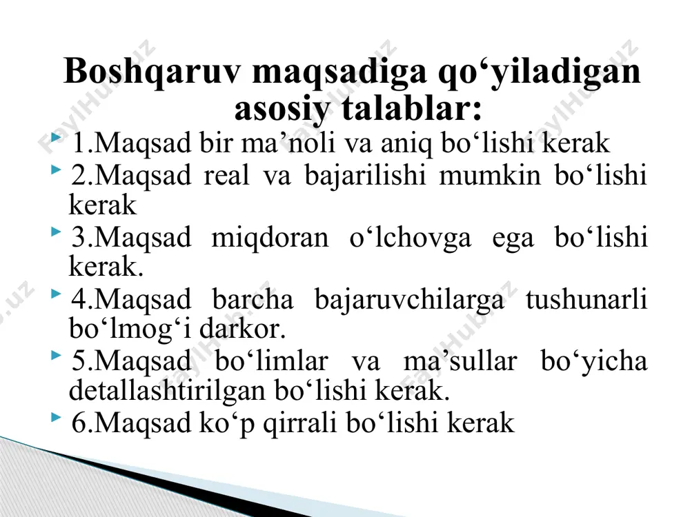 diya dasturlari ; korxonaning o‘qitish dasturlari; tibbiy xizmat korsatish dasturlari; bolalarni tarbiyalash va o‘qitish bilan bog‘liq dasturlar hayotni sug‘urta qilish; vaqtinchalik mehnat qobilyati yo‘qotilganligi uchun to‘lovlar; - tibbiy sug‘urta. 3.moddiy: menejmentning asosiy vazifalari quyidagilar: mavjud resurslar asosida iste’molchilar talabini qondirgan holda tovarlar ishlab chiqarish va xizmatlar ko‘rsatishni tashkil etish yuqori malakali xodimlarni ish faoliyatiga jalb etish; mehnat sharoitlari va mehnatga xaq to‘lash tizimini yaxshilash orqali korxona xodimlarini rag‘batlantirish. kerakli resurslar va ularning manbalarini aniqlash korxonani rivojlantirish strategiyasini ishlab chiqish va uni amalga oshirish korxona missiyasi va maqsadlarini aniqlash mo‘ljallangan maqsadlarga erishish uchun chora tadbirlar tizimini ishlab chiqish belgilangan vazifalarni bajarilishini va korxona faoliyati samaradorligini nazoratini amalga oshirish. nazorat savollari 1. maqsad nima? 2. belgilangan maqsadga binoan qanday masalalar echiladi? 3. boshqaruv maqsadiga qanday talablar qo‘yiladi? 4. boshqaruv maqsadining qanday turkumlari va turlarini bilasiz? 5. umumjamiyat miqyosidagi munosabatlarni aks ettiradigan maqsadlarga qaysi sohalardagi maqsadlar kiradi? 6. boshqaruv qandy jarayon hisoblanadi? 7. …
