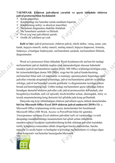 elektron jadvallarni yaratish va qayta ishlashda elektron jadval protsessoridan foydalanish — PDF