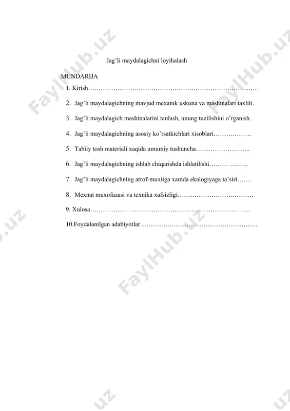 va u bilan birgalikda qurilish industriyasining mexanik uskuna va mashinalarini texnologik yangilash hamda modernizasiya qilish masalasiga alohida e’tibor qaratilmoqda. qurilish materiallarini ishlab chiqarishda va qayta ishlashda asosiy mexanik uskuna va mashinalardan maydalovchi uskunalar va mashinalar, kukunlovchi uskunalar va mashina, materialni saralash uchun mashinalar, materiallarni aralashtirish uchun mashinalar qurilish industriyasida juda ko’p qo’llaniladi. biz bularni labaratoriya ishida ishlash jarayonini ko’rib chiqamiz,ya’ni jag’li maydalagichning qamrash burchagini,eksstentrik valining burchak tezligini,ishlab chiqarish samaradorligini,konusli maydalagichning ishlab chiqarish samaradorligini,qamrash burchagini,val diametri va tushayotgan bo’laklar o’lchamlari, o’rtasidagi o’zaro nisbatni, valikli maydalagichning ishlab chiqarish samaradorligini,vallari aylanish sonini,sharli tegirmon barabaning kritik va eng qulay tezlik aylanishini, sharli tegirmon barabani sharlarining eng qulay burchak uzilishi,tegirmonda kukunnaladigan jism massasini,tebranuvchi sim g’alvirlarning ishlab chiqarish samaradorligini,barabanli sim g’alvirni aylanishlar sonini,uzluksiz harakatlanuvchi kurakli aralashtirgichning ishlab chiqarish samaradorligini aniqlashlarni bajaramiz. barcha maydalash mashinalari bo`laklagich va tegirmonlarga bo`linadi. bo`laklagichlar yirik va o`rta maydalash, tegirmonlar esa o`rta, kichik, mayin va kolloid maydalashda ishlatiladi. maydalash mashinalarining quyidagi turlari …