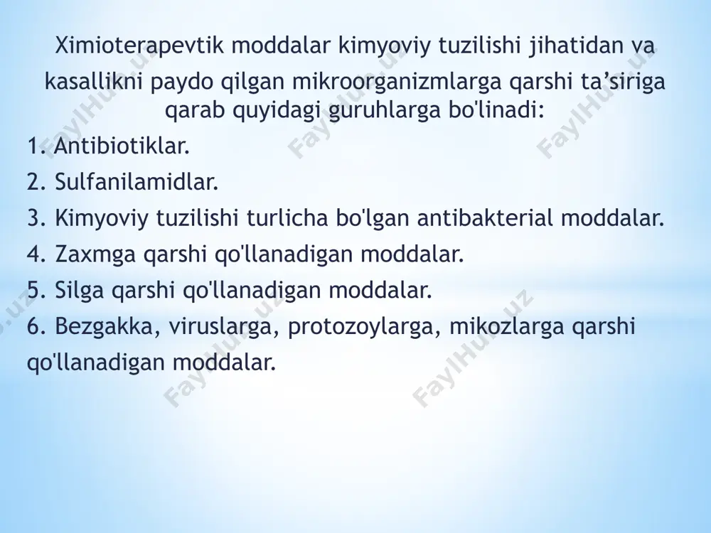 , stafilakokklarga qarshi antibiotiklar - ristomitsin, vankomitsin, linkomidin va makrolidlar -eritromitsin va oleandomitsinlar. 2. asosan grammanfiy mikroorganizmlarga qarshi ta’sir ko'rsatadigan moddalar - polimiksinlar. 3. ta’sir doirasi keng antibiotiklar: tetratsiklinlar, levomitsetin, sefalosporinlar, aminoglikozidlar. 4. o'tkir zaharli, asosan sirtga qo'llanadigan antibiotiklar gramitsitsin, neomitsin, monomitsin. 5. zamburug'larga, mikozlargaqarshi qo'llanadigan-nistatin, levorin va grizeofulvin. mikroorganizmlarga qarshi xususiyatiga qarab antibiotiklar 2 guruhga bo'linadi. 1. bakteritsid xususiyatga ega- ular ta’sirida mikroorganizmlar halok bo'ladi: penitsillinlar, sefalosporinlar, aminoglikozidlar, polimiksinlar. 2. bakteriostatik xususiyatga ega antibiotiklar: tetratsiklinlar≫ levomitsitin, rifampitsinlar, ular ta’sirida mikroorganizmlaming o'sishi, ko'payishi to'xtatiladi. antibiotiklar mikroorganizmlarga qarshi ta’sir mexanizmiga ko'ra 4 guruhga bo'linadi. 1. mikroorganizmlarning hujayra qobig‘i hosil bo'lishini to'xtatib, bakteritsid ta ’sir ko'rsatadigan antibiotiklar - penitsilinlar, sefalosporinlar. 2. mikroorganizmlarning sitoplazmatik membranalarini o'tkazuvchanligini jarohatlab, bakteritsid ta ’sir ko'rsatuvchi antibiotiklar - polimiksinlar, gramitsidin, nistatin, levorin. 3. mikroorganizmlar oqsillarini hosil bo'lishini to'xtatib, bakteritsid hamda bakteriostatik ta’sir ko'rsatadigan antibiotiklar. bakteriostatik ta’sir etadigan moddalar: tetratsiklinlar, levomitsetin; bakteritsid ta’sir etadigan moddalar—streptomitsin, neomitsin, monomitsin, gentamitsin. 4. …
