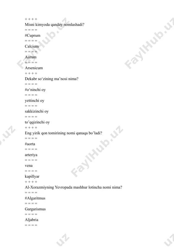 = = = = #z….goma = = = = inc…sura = = = = ….cterus = = = = clav….cula + + + + nuqtalarni to’ldiring. “invi… est in medicin… via sine lingu… latin…” = = = = #-a = = = = -i = = = = -u = = = = -o + + + + nuqtalarni to’ldiring. “omne principium …”. = = = = #difficile = = = = difficulte = = = = difficil = = = = difficulto + + + + kk harfi qanday so‘zlarda uchraydi? = = = = #arab va yunoncha = = = = yunon va inglizcha = = = = lotin va inglizcha = = = = lotin va yunoncha + + + + “e” tovushini qaysi harf yoki diftong beradi? = = = = #ae = = = = au = = = = u = = = = …