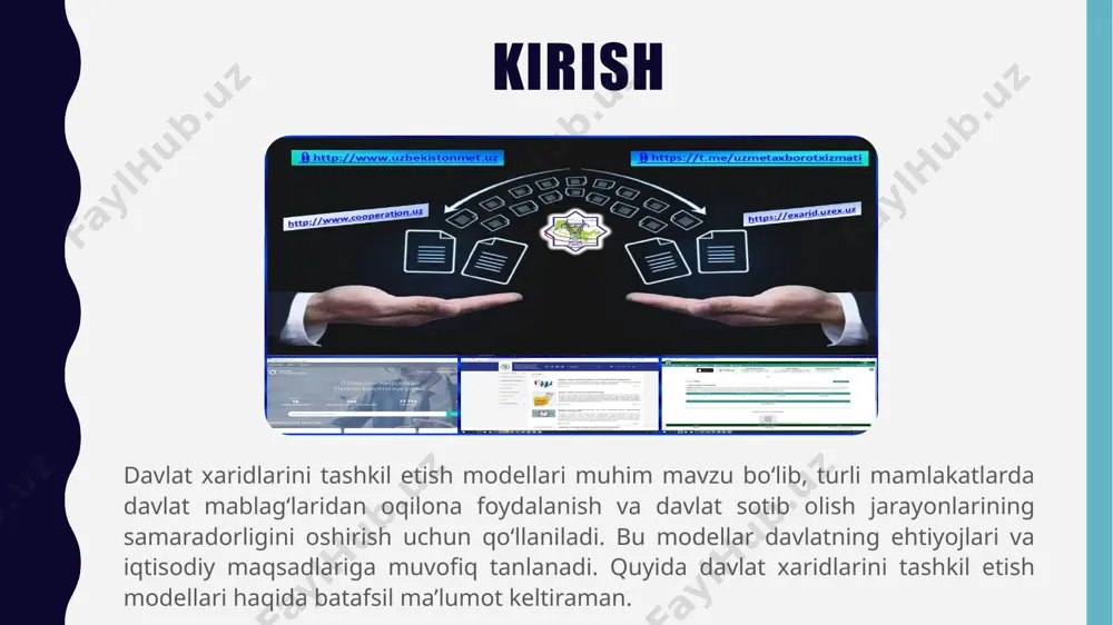 va xizmatlar narxi qimmatroq bo‘lishi mumkin. qo‘llanilish joyi: bu model ko‘pincha aqsh kabi katta hajmdagi davlat byudjetiga ega mamlakatlarda qo‘llaniladi. gibrid model (markazlashtirilgan va decentralizatsiyalashgan tizimning kombinatsiyasi) ba'zi sotib olish jarayonlari markaziy organ tomonidan boshqariladi, masalan, asosiy tovarlar yoki xizmatlar uchun, boshqa xaridlar esa mahalliy tashkilotlar tomonidan mustaqil ravishda amalga oshiriladi. afzalliklari: katta hajmdagi sotib olish uchun markaziy tizimning afzalliklari saqlanadi, va shu bilan birga, tashkilotlar o‘z ehtiyojlariga mos mustaqil xaridlar amalga oshirishi mumkin. tejamkorlik va moslashuvchanlik birgalikda ta’minlanadi. kamchiliklari tizimni boshqarish qiyinroq bo‘lishi mumkin, chunki markaziy va mahalliy xaridlar o‘rtasida muvofiqlashtirish zarurati paydo bo‘ladi. byurokratik murakkabliklar paydo bo‘lish xavfi mavjud. qo‘llanilish joyi: ushbu model ko‘pincha yevropa ittifoqi mamlakatlarida va rivojlanayotgan davlatlarda qo‘llaniladi. kooperativ davlat xaridlari modeli bir nechta davlat tashkilotlari yoki agentliklari birlashib, birgalikda sotib olishni amalga oshiradi. xaridlar umumiy maqsadlar asosida birlashgan tashkilotlar orqali o‘tkaziladi. afzalliklari: tejamkorlik va resurslarning samarali foydalanishi. mahsulotlar va xizmatlarning yaxshi narxlar bo‘yicha sotib …