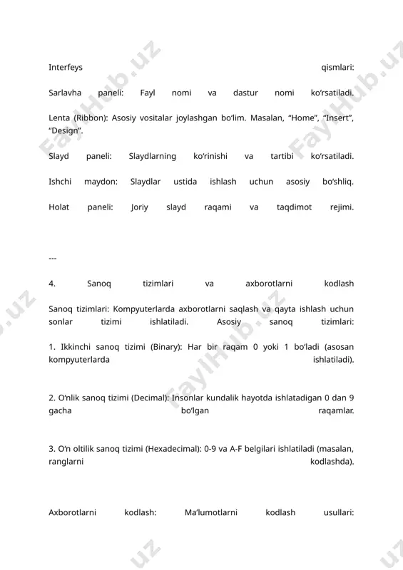 ni birlashtirish uchun “add animation” ni tanlang. --- 7. axborot texnologiyalarining vujudga kelishi va rivojlanish bosqichlari axborot texnologiyalari rivojlanishi bir necha bosqichlardan iborat: 1. mexanik bosqich: antik davrda hisoblash moslamalari paydo bo‘ldi (masalan, abakas). 2. elektromexanik bosqich: xx asrning boshlarida elektromexanik hisoblash qurilmalari ixtiro qilindi. 3. elektron davr: kompyuterlar tranzistorlar asosida yaratilgan (1940-1950-yillar). 4. raqamli davr: 1970-yillardan boshlab shaxsiy kompyuterlar va mikroprotsessorlar paydo bo‘ldi. 5. internet davri: 1990-yillarda internet texnologiyalari keng tarqaldi. 6. sun’iy intellekt va bulutli texnologiyalar: hozirgi kunda ai va masofaviy tizimlar axborot texnologiyalarining yangi bosqichini tashkil etmoqda. --- 8. ms word-da varaqlarni raqamlash va kolontitul qo‘yish varaqlarni raqamlash: 1. “insert” menyusiga o‘ting. 2. “page number” tugmasini bosing. 3. raqamni joylashuvini tanlang (yuqori, pastki yoki chetda). kolontitul qo‘yish: 1. “insert” menyusida “header” (yuqori) yoki “footer” (pastki) bo‘limini tanlang. 2. kolontitulga matn, rasm yoki maxsus belgilar kiriting. 3. o‘zgarishlarni saqlash uchun “close header and footer” ni bosing. --- 9. …