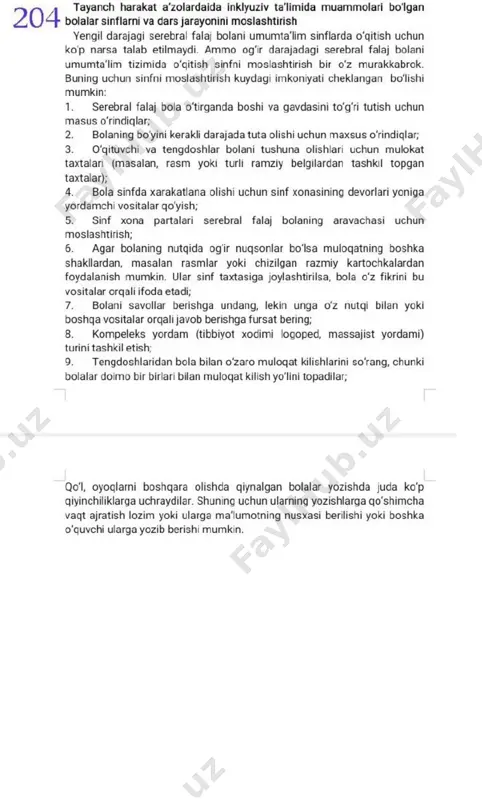glarninguzaro xamkorligi 225-227.jamiyatniinklyuziv ta’limga tayyorlash va ijobiy munosabatni uyg‘otish va amalga oshirish. jamiyatda insonlar orasida nogiron bolalar xakida bilimlarning yetishmasligiokibatida maxsus extiyojlibolalar ta’limdan chetda kolib ketmokdalar.bundan tashkarinogiron bolaning kobiliyatlari,xukuklariva extiyojlari muntazam ravishda kadrlanmasa, bolalarda uziga vakobiliyatlariga nisbatan salbiy munosabat shakllanib boradi.xar kanday jamiyatda xar bir bola noyob,maxsus extiyojlibolalar esa boshka bolalar singarixukuk,extiyojva intilishlarga ega degan dalilniidrok etish zarurati mavuddir.ushbu bilimlarnichuko‘rlashtirish buyimkoniyaticheklangana ish olib borish bola,oila,xam jamiyat darajasida xamma uchun muximdir.  inklyuziv ta’lim qashshoqlik va ajratish iskanjasidanqutulishga imkon beradi;  kamsitishlarning oldini oladini oladi, imkoniyati cheklangan bolalarning teng huquqligini ta’minlaydi;  inklyuziv ta’lim maxsus extiyojli bolaning o‘z oilasi va jamiyat orasida bo‘lishiga imkon beradi;  inklyuziv ta’lim yanada inklyuzivlikga olib keladi;  inklyuziv ta’lim barcha uchun ta’lim sifatini yaxshilaydi;  imkoniyaticheklangan bolalarsog‘lom tengdoshlariorasida tabiy sharoitda yashash va mexnat qilishga moslashadilar;  ularning ijtimoiy jamiyaga moslashishi samarali kechadi. yuqorida keltirib o‘tilganlarnihayotga joriy etish uchun o‘qituvchilar o‘quvchilar bilan har kuniularniqiziqtiruvchiva bezovta qiluvchiistalgan …