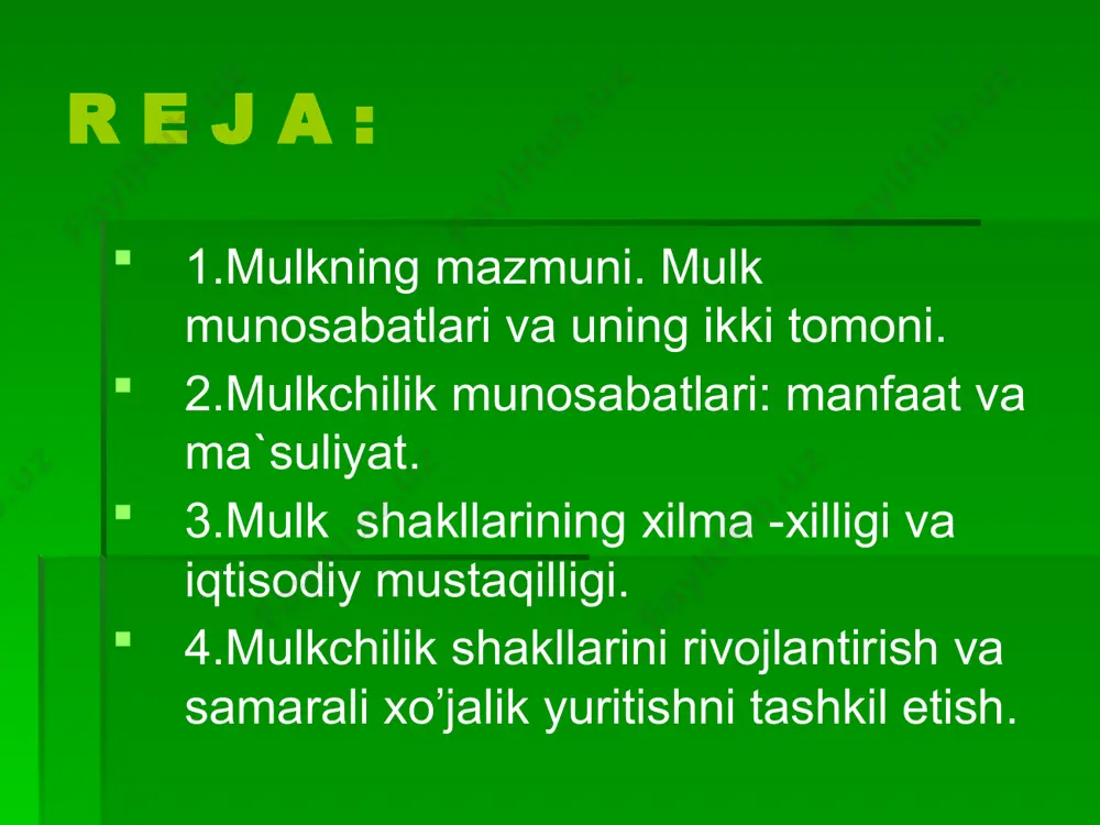 atiga asoslanib, xo'jalik yuritish yo'li bilan pul topish. o'z mulkini ijaraga berib daromad olish. pul shaklidagi o'z mulkini qarzga berib, undan foiz olish. yollanib ishlash orqali o'z ishchi kuchi bilan daromad topish. mulkchilik munosabatlarining uch tarkibiy qismi egalik qilish. mulkdorlar huquqini ng mulk egasi qo'lida saqlanib turishini bildiradi va yaratilgan moddiy boyliklarni o'zlashtirish ning ijtimoiy shaklini ifodalaydi. mulkka egalik qilish uning egasi ixtiyorida saqlangan holda, undan foydalanish esa boshqalar qo'lida bo'ladi. bunga ijara misol bo'ladi. tasarruf etish, bu mol-mulk taqdirini mustaqil hal qilinishidir. u mol-mulkni sotish, meros qoldirish, hadya qilish, ijaraga berish hollari orqali ro'y beradi. foydalanish. bu mol-mulkning iqtisodiy faoliyatda ishlatilishi yoki ijtimoiy hayotda qo'llanilishidir. mol-mulkdan foydalanish yuz berganda u daromad olish uchun yoki shaxsiy ehtiyojlarni qondirish uchun ishlatishni bildiradi. mulkiy munosabatlarning ob'yekti va sub'yekti masalasi «o'zbekiston respublikasining mulk to'g'risida» gi qonunida o'z ifodasini topgan mulkning ob'yekti va sub'yekti mulkka aylangan barcha boylik turlari mulk ob'yektidir. -ishlab chiqarish vositalari. …