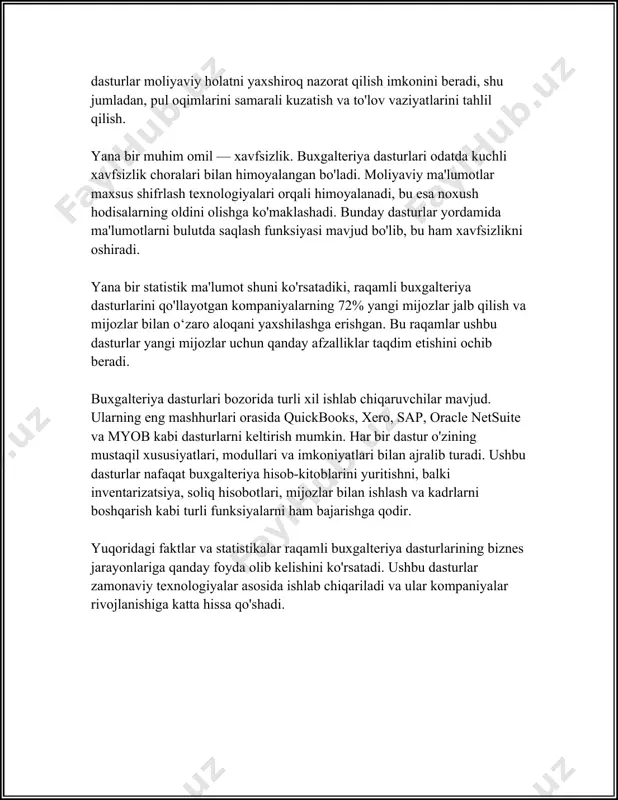 n. shu bilan birga, moliyaviy hisobotlarning avtomatlashtirilishi nafaqat xato vaqti-tejamni, balki xavfsizlikni ham oshiradi. soliq qonunchiligiga muvofiq hisobotlarni avtomatik ravishda tiklash va saqlab qo'yish imkoniyati mavjud. bu esa, korxonalarni qonuniy muammolardan himoyalashda muhim rol o'ynaydi. moodys analytics'ning hisobotiga ko'ra, iqtisodiy taraqqiyot sharoitida avtomatlashtirilgan tizimlar ishlashi natijasida global korxonalar yillik 10-15% gacha iqtisodiya qilish mumkin bo'ladi. ushbu miqdor sezilarli darajada katta yutuq hisoblanadi, bu esa korxonalar raqobatbardoshligini oshirishga xizmat qiladi. xulosa qilib aytganda, moliyaviy hisobotlarning avtomatlashtirilishi korxonalarga nafaqat vaqt, mablag' va resurslarni tejashda yordam beradi, balki aniq va ishonchli ma'lumotlar taqdim etib, boshqaruv qarorlarini qabul qilishni ham osonlashtiradi. hisobotlarni aniq va tezkor tuzish, korxonalarning o'z faoliyatida muvaffaqiyatga erishishini ta'minlaydigan muhim yo'nalishlardan biridir. 3. bulutli hisob-kitob xizmatlari bulutli hisob-kitob xizmatlari (cloud computing services) so'nggi yillarda juda mashhur va keng tarqalgan texnologiyalardan biri bo'lib qoldi. ushbu xizmatlar texnologiya kompaniyalari va foydalanuvchilarga o'zlarining it tufayli infratuzilmalarni ko'paytirish, boshqarish va qo'llab-quvvatlash imkonini beradi. quyida, sizga …