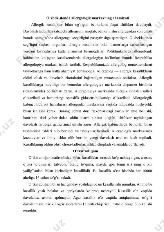 ri keladi. o’tkir zotiljam bilan har qanday yoshdagi odam kasallanishi mumkin. ammo bu kasallik yosh bolalar va qariyalarda ko’proq uchraydi. kasallik o’z vaqtida davolansa, asorati qolmaydi. agar kasallik o’z vaqtida aniqlanmasa, to’g’ri davolanmasa, har xil og’ir asoratlarni keltirib chiqarishi, hatto o’limga olib kelishi mumkin. sabablari (etiologiyasi). o’tkir zotiljam kasalligini keltirib chiqaruvchi sabablar quyidagilar: — bakteriyalar: pnevmokokklar, stafilokokklar, streptokokklar, frindlender tayoqchasi, enterokokk, protey, ichak tayoqchasi va boshqalar; — viruslar, gripp, paragripp, rinosinsitial viruslar, adenoviruslar; — mikoplazmalar; — rikketsiyalar: ku—rikketsiyalari; — zamburug’lar: kandidozlar, aspergilloz, koksidioz; — o’tkir zotiljam turli yuqimli: a) virus kasalliklar (ortinoz, psittakoz, ko’kyo’tal, qizamiq, suvchechak), b) bakterial kasalliklar (brutselloz, tularemiya, ich terlamasi va b.) ko’rinishi yoki asorati sifatida ham rivojlanishi mumkin; — allergiya: lyoffler sindromi, gijjalarga, dorilarga, mog’or zamburug’lari va har xil changlarga nisbatan allergiya mavjudligi; — fizik va kimyoviy omillar: aspiratsiya, jarohat, radioaktiv nurlar ta’siri. o’tkir zotiljamga, asosan, 54% dan 74% gacha hollarda pnevmokokklar sabab bo’ladi. gripp epidemiyasi …