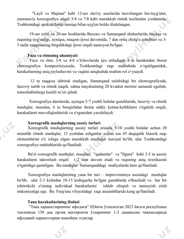 asi bilan uyg'unlashgan. "layli va majnun" kabi 12-asr she'riy asarlarida tasvirlangan his-tuyg'ular, zamonaviy koreografiya orqali 5/4 va 7/8 kabi murakkab ritmik tuzilmalar yordamida, toshkentdagi spektakllarda musiqa bilan uyg'un holda ifodalangan. 19-asr oxiri va 20-asr boshlarida buxoro va samarqand shaharlarida musiqa va raqsning uyg'unligi, ayniqsa, maqom ijrosi davomida, 7 dan ortiq cholg'u asboblari va 3-5 nafar raqqosaning birgalikdagi ijrosi orqali namoyon bo'lgan. faza va ritmning ahamiyati fazo va ritm, 3/4 va 4/4 oʻlchovlarida ijro etiladigan 8 ta harakatdan iborat choreografiya kompozitsiyasida, toshkentdagi raqs maktabida oʻrgatilganidek, harakatlarning aniq joylashuvini va vaqtini aniqlashda muhim rol oʻynaydi. 12 ta raqqosa ishtirok etadigan, samarqand uslubidagi bir choreografiyada, fazoviy tartib va ritmik naqsh, sahna maydonining 20 kvadrat metrini samarali egallab, tomoshabinlarga kuchli ta’sir qiladi. xoreografiya darslarida, ayniqsa 5-7 yoshli bolalar guruhlarida, fazoviy va ritmik mashqlar, masalan, 6 ta bosqichdan iborat oddiy ketma-ketliklarni o'rgatish orqali, harakatlarni muvofiqlashtirish va o'rganishni yaxshilaydi. xoreografik mashqlarning asosiy turlari xoreografik mashqlarning asosiy …