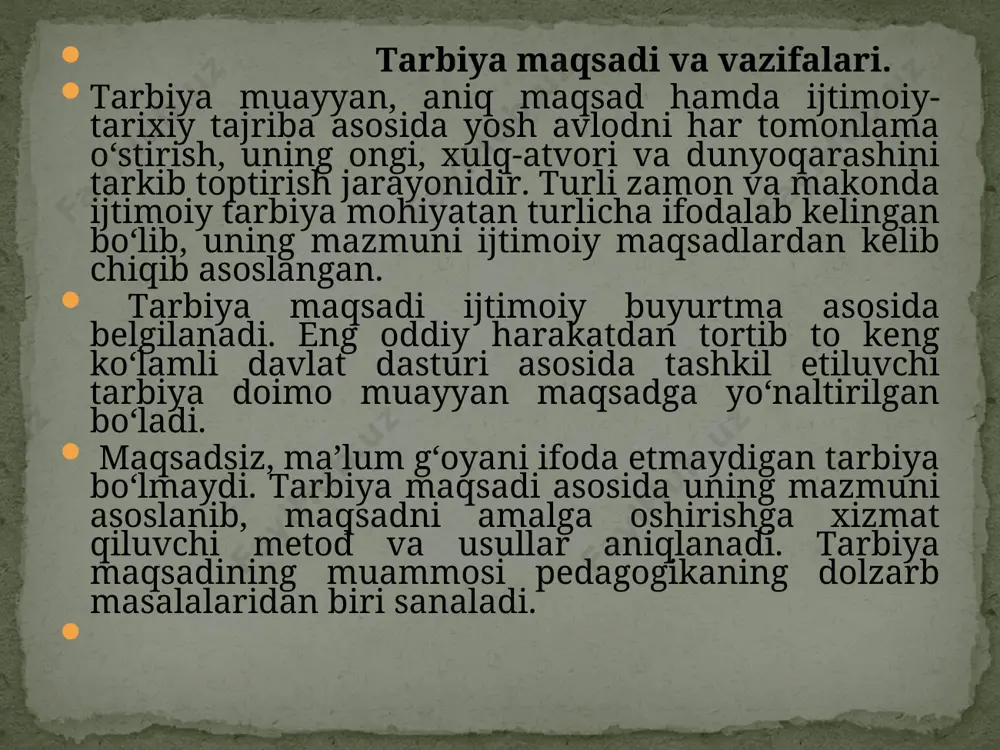 m o‘rganinglar. ... ilm egallang. ilm sahroda do‘st, hayot yo‘llarida tayanch, yolg‘iz damlarda yo‘ldosh bahtsiz daqiqalarda rahbar, qayg‘uli onlarda madadkor, odamlar orasida zebu-ziynat, dushmanlarga qarshi kurashishda quroldir» deydi. hozirgi zamon maktablarida tashkil etilayotgan estetik tarbiya shaxsni estetik jihatdan shakllanishini ta’minlash borasidagi mavjud talablarga javob bermayapti. ijtiomiy tarbiya maqsadi va vazifalarini amalga oshirish uchun tarbiya jarayonining xususiyatlarini anglab olish muhim ahamiyatga ega. tarbiya jarayonining mohiyati. tarbiya jarayoni o‘ziga hos xususiyatlarga ega. uning muhim xususiyati aniq maqsadga yo‘naltirilganligidir. zamonaviy talqinda tarbiya jarayoni o‘qituvchi va o‘quvchi (tarbiyachi va tarbiyalanuvchi)lar o‘rtasida tashkil etiluvchi hamda aniq maqsadga yo‘naltirilgan samarali hamkorlik jarayoni demakdir. zero, tarbiya jarayonida o‘qituvchi va o‘quvchilarning faoliyalari tashkil etiladi, boshqariladi va nazorat qilinadi. tarbiya jarayoni ko‘p qirrali jarayon bo‘lib, ular tarbiya mohiyatini yoritishga xizmat qiluvchi ichki va tashqi (sub’ektiv va ob’ektiv) omillar asosida tashkil etiladi. sub’ektiv omillar shaxsning ichki ehtiyojlari, qiziqishlari, hayotiy munosabatlarini anglatish, ob’ektiv omillar esa shaxsning hayot kechirishi, shakllanishi, hayotiy muammolarini …