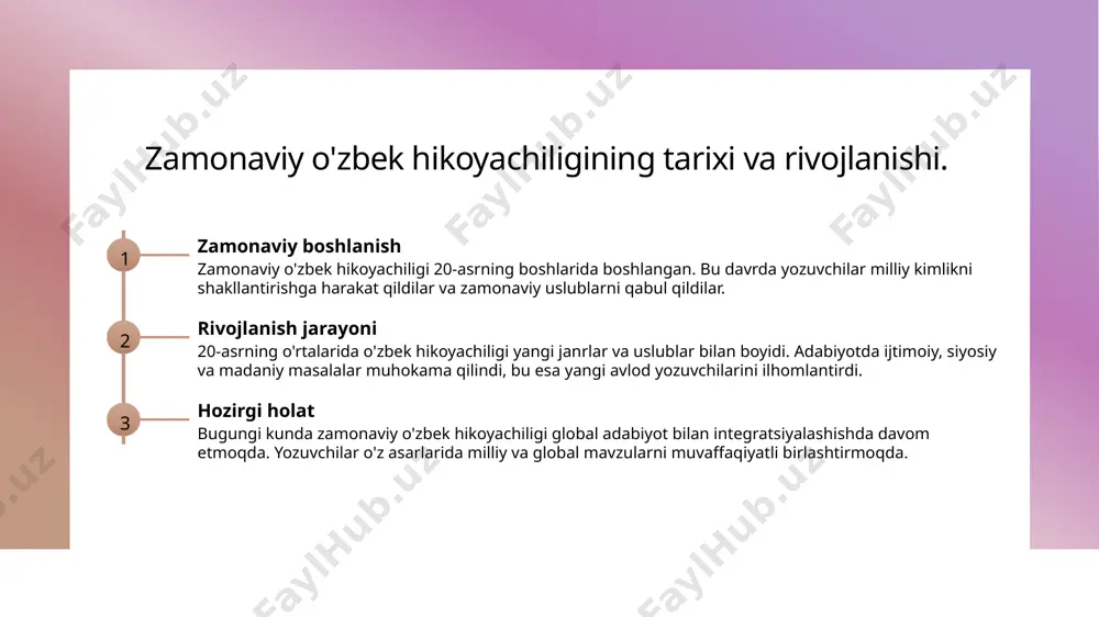 va identitet o'zbek hikoyalarida madaniy o'zgarishlar orqali o'zbeklik identiteti yangilanadi, bu esa yosh avlod uchun madaniyatni anglashga yordam beradi. 3 ta'sir va qabul zamonaviy hikoyalar madaniy o'zgarishlarga e'tibor qaratib, o'quvchilarning fikrlarini va hissiyotlarini shakllantirishda muhim rol o'ynaydi. o'zbek hikoyachiligida an'anaviy va zamonaviy uslublar. 01 an'anaviy uslublar an'anaviy o'zbek hikoyachiligida og'zaki hikoyalar, folklor va xalq ertaklari asosiy o'rin tutadi, bu esa madaniyatni saqlashda muhim ahamiyatga ega. 02 zamonaviy uslublar zamonaviy hikoyachilikda psixologik, postmodern va realistik uslublar ommalashib bormoqda, bu esa yozuvchilarga yangi ifoda vositalarini taqdim etadi. 03 uslublar o'zaro ta'siri an'anaviy va zamonaviy uslublar o'zaro ta'sirda bo'lib, hikoyalarda madaniyat, tarix va zamonning o'zgarishini aks ettiradi, bu esa o'zbek hikoyachiligini boyitadi. madaniyat va identitet: hikoyalar orqali o'zbeklikni anglash. 1 madaniyat va hikoya - o'zbek hikoyalarida madaniyat qadimiylik va zamonaviylik o'rtasida bog'lanib, milliy an'analarni saqlab qolish jarayonini aks ettiradi. 2 identitet va o'zbeklik - hikoyalar orqali o'zbeklik identiteti, xalqning tarixiy va madaniy merosidan …