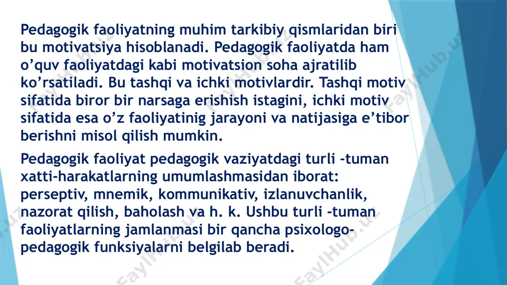 etishning samaradorligini bilishi; -ota-onalar va jamoatchilik bilan olib boriladigan tarbiyaviy ishlarning mazmunini bilishi. 3) o’z kasbiga xos xislatlari -milliy qayta qurish mafkurasi bilan mustaqil davlat mafkurasini tushunishi; -zamonaviy maktabda olib boriladigan o’quv-tarbiya jarayonida umuminsoniy boyliklar, milliy an`analar va urf-odatlarning ahamiyatini tushunishi; -o’qituvchining kuzatuvchanligi; -o’z diqqat-e`tiborini taqsimlay olishi: -pеdagogik fantaziya (xayol) ning rivojlanishi; -o’ziga tanqidiy munosabatda bo’lishi; -o’zini qo’lga ola bilishi, o’zini tuta olishi; -pеdagogik takt; -nutqning emotsional ifodalanishi. l. ya. kolominskiy o’z tadqiqotida o’qituvchining o’quvchilarga munosabati so’zsiz muallim mehnati muvaffaqiyatlarida hal qiluvchi rol o’ynashini ta’kidlagan edi. uning fikricha, bu pedagogik mahoratning muhim tomoni bo’lib, o’qituvchi bilan o’quvchilarning o’zaro munosabati ko’p jihatdan aynan mana shu jarayonga bog’liqdir. muallifning ko’rsatishicha, o’zaro munosabatni o’qituvchi shaxsning faolligi va jamoadagi ta’sirlashuv nuqtai nazaridan yondashgan holda o’rganish ham mumkin ekan. yuqoridagi fikrlarga tayangan holda pedagogning bolalarga nisbatan munosabatidagi emotsional-qadriyatli yondashuvi uning munosobat uslubidagi motivatsion jihatlari, shuningdek, bir vaqtning o’zida uning o’quvchilarga bo’lgan munosabati jarayonida xulqiga ta’sir …