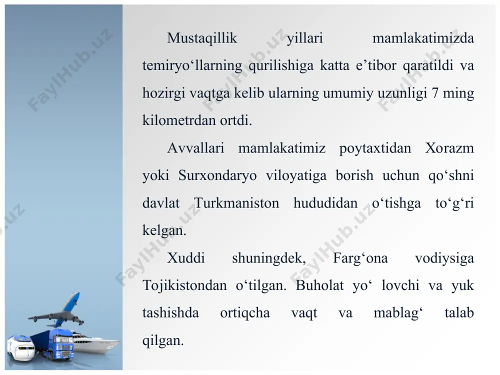 tashiladi gan yuklar temiryo‘lda tashiladigan yuklarga qaraganda 3-4 baravar tez yetkaziladi. ushbu yo‘l kengaytirilib, qamchiq dovoni yaqinida ikkita tonnel ishga tushirildi (74-rasm). 2012-yilda uzunligi 116 km bo‘lgan guliston-ohangaron avtomobil yo‘li foydalanishga topshirildi. mamlakat viloyatlarining qozog‘iston hamda qirg‘iziston bilan transport-iqtisodiy aloqalari toshkent shahri orqali amalga oshirilardi. shaharda transport harakatini kamaytirish maqsadida shahar tashqarisida halqa yo‘l barpo etilgan. uning uzunligi 64 km bo‘lib, o‘zbekistonda shunday maqsadda qurilgan yagona yo‘l hisoblanadi. o‘zbekistonning mustaqillikka erishishi xorijiy mam lakatlar bilan bog‘laydigan yo‘llarga ehtiyojni kuchaytirdi. mamlakatimiz shu maqsadda xitoy va pokistonga chiqish imkoniyatini beruvchi andijon-o‘sh-ergashtom-qashqar avtomobil yo‘li hamda hind okeaniga chiqishga imkon beradigan termiz-hirot-karachi avtomobil yo‘li qurilishida va ularni qayta qurishda o‘z ulushi bilan qatnashmoqda. * suv transportida tabiiy suv yo‘llaridan foydalaniladi. shuning uchun suv yo‘lining yo‘nalishi ko‘pincha zaruriy yo‘nalishlarga to‘g‘ri kelavermaydi. unga yoqilg‘i ko‘p sarflanmaydi va katta hajmli yuklarni ham tashiyveradi. lekin harakat tezligi kam. o‘zbеkistоn mаtеrik ichkаrisidа jоylаshgаn mаmlаkаt bo‘lgаnligi uchun suv trаnspоrtining аhаmiyati …
