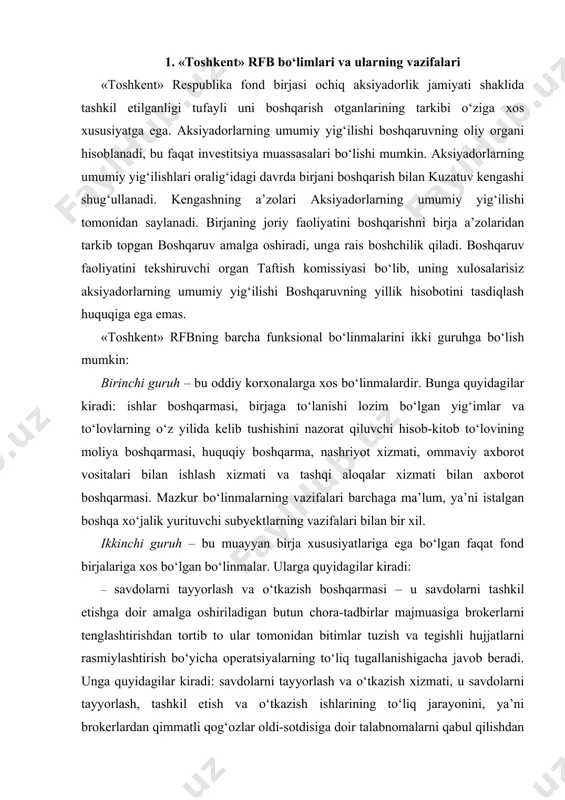 un chora-tadbirlar majmuasiga brokerlarni tenglashtirishdan tortib to ular tomonidan bitimlar tuzish va tegishli hujjatlarni rasmiylashtirish bo‘yicha operatsiyalarning to‘liq tugallanishigacha javob beradi. unga quyidagilar kiradi: savdolarni tayyorlash va o‘tkazish xizmati, u savdolarni tayyorlash, tashkil etish va o‘tkazish ishlarining to‘liq jarayonini, ya’ni brokerlardan qimmatli qog‘ozlar oldi-sotdisiga doir talabnomalarni qabul qilishdan tortib to maxsus dasturiy-texnik savdo majmuasi yordamida o‘tkaziladigan savdolarga xizmat ko‘rsatish ishlarini amalga oshiradi; · bitimlarni ro‘yxatga olish va rasmiylashtirish xizmati – u birjada tuzilgan bitimlarni ro‘yxatga olish, savdo tadbirlarining yakunlovchi bosqichida ularning rasmiylashtirish ishlarini amalga oshiradi; · xiflar dasturiga xizmat ko‘rsatish, u maxsus kompyuter dasturidan foydalangan holda xususiylashtirilayotgan korxonalar aksiyalarini xiflarga sotish bo‘yicha elektron kimoshdi savdolarining o‘tkazilishini tashkil etishning o‘ziga xos vazifalarini amalga oshiradi; · aksiyadorlar, birja a’zolari bilan o‘zaro hamkorlik qilish va sho‘ba xo‘jalik jamiyatlari faoliyatini muvofiqlashtirish boshqarmasi, u aksiyadorlar bilan ishlash, birjaga a’zolikni rasmiylashtirish, brokerlik idoralarini akkreditatsiyalash, ularning pasportlarini yuritish, tashkiliy talablarga rioya etishini nazorat qilish (brokerlarda shahodatnomalarning mavjudligi, …