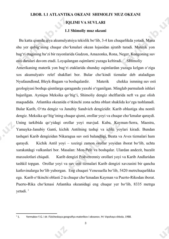 balandligi, beata va aves tizmalari ham qaraydi. kichik antil yoyi – xozirgi zamon orollar yoyidan iborat bo‘lib, uchta xarakatdagi vulkanlari bor. masalan: mon-pele va boshqalar. ulardan andezit, bazalit maxsulotlari chiqadi. karib dengizi podvetrenniy orollari yoyi va karib andlaridan tashkil topgan. orollar yoyi va suv osti tizmalari karib dengizi xavzasini bir qancha katlovinalarga bo‘lib yuborgan. eng chuquri venesuella bo‘lib, 5420 metrchuqurlikka ega. karib o‘tkinchi oblasti 2 ta chuqur cho‘kmadan kayman va puerto-rikodan iborat. puerto-rika cho‘kmasi atlantika okeanidagi eng chuqur yer bo‘lib, 8335 metrga yetadi. [footnoteref:1] [1: 1. yermakov y.g. i dr. fizicheskaya geografiya materikov i okeanov. m: vqsshaya shkola, 1988.] biroq o‘ziga xos idrilogik rejimi, suv massasidagi suv qalinligini aniq bo‘linganligi, maydonini kattaligi okeanlarga xos tomonlaridir. taqqoslash uchun misol keltiradigan bo‘lsak, eng katta filippin dengizi bu okeandan deyarli 3 marta kichik. hech bir dengizda o‘rtaliq okean tizmasi yo‘q. shimoliy muz okeanida bu tizmani bo‘lishi ham uni boshqa okeanlarga yaqinlashtiradi. shimoliy muz …