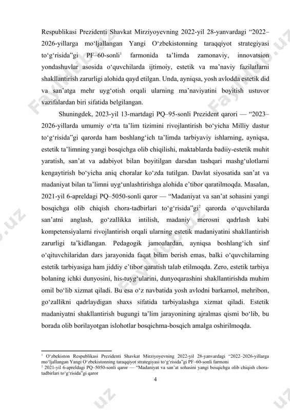 i tahlil qilish hamda ta’lim jarayonida estetik did, go‘zallikni anglash, qadrlash ko‘nikmalarini rivojlantirish imkoniyatlarini aniqlashdan iborat. shu orqali estetik madaniyatni bolalarning shaxsiy va ijtimoiy rivojlanishida muhim omil sifatida shakllantirishga yo‘naltirilgan samarali yondashuvlarni asoslab berish ko‘zda tutiladi. kurs ishining predmeti. boshlang‘ich sinf o‘quvchilarining estetik madaniyatini shakllantirish jarayonidagi pedagogik usul va vositalar. kurs ishining obyekti. boshlang‘ich sinf o‘quvchilari bilan olib borilayotgan ta’lim-tarbiya jarayoni, xususan ularning estetik madaniyatini shakllantirishga qaratilgan pedagogik faoliyat va ta’lim muassasalaridagi amaliy ishlar. kurs ishining vazifalari: · estetik madaniyat tushunchasining mazmun-mohiyatini ochib berish. · boshlang‘ich sinf o‘quvchilarida estetik madaniyatni shakllantirish omillarini aniqlash. · ta’lim jarayonida estetik tarbiyaga oid samarali metod va vositalarni tahlil qilish. · amaliy tajribalar asosida estetik tarbiyaning o‘quvchi shaxsiga ta’sirini ko‘rsatish. kurs ishining tuzilishi: kirish, 2 ta bob, umumiy xulosa va foydalanilgan adabiyotlar ro‘yxatidan iborat. i-bob. boshlang‘ich ta’limda estetik madaniyat tushunchasi va uning nazariy asoslari 1.1. estetik madaniyat tushunchasi va uning ta’limdagi ahamiyati estetika (qadimgi yunoncha …