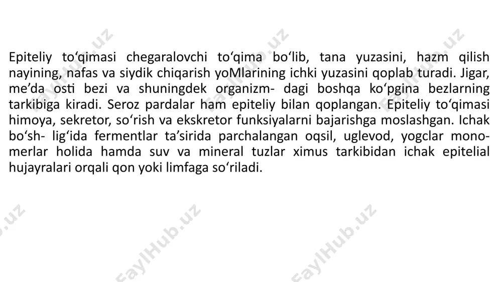 boshqa to‘qimalardan farq qiladigan umumiy belgilari ham mavjud. epiteliy to‘qimasi zich joylashgan plast holidagi hujayralar to‘plamidan iborat, hujayralararo modda deyarli bo’maydi. 2. yepiteliy to‘qimasi doimo bazal membranada yotadi. 3. epiteliy hujayralari bazal membranada joylashganligi uchun ular qutbli differensiallash xususiyatiga ega. epiteliy hujayralarining apikal va bazal qismlari tafovut etilib, bu qismlar tuzilishi va funksiyasi bilan bir-biridan farq qiladi. 4. epiteliy to‘qimasida qon tomirlar boimaydi, hujayralar bazalmembrana orqali biriktiruvchi to‘qimadan difiuz yo’li bilan oziqlanadi. 5. epiteliy to‘qimasi yuqori darajada qayta tiklanish xususiyatiga ega. epiteliy kelib chiqishi, tuzilishi va funksiyasi jihatidan bir necha marta klassifikatsiya qilingan, shulardan keng tarqalganlari morfofunk- sional va filogenetik klassifikatsiyalardir. filogenetik klassifikatsiya bo‘yicha piteliy to‘qimasi 5 ga bo’linadi: 1) teri epiteliysi; 2) ichak epiteliysi; 3) buyrak epiteliysi; 4) selomik epiteliy; 5) ependimoglial epiteliy terining epiteliy to’qimasi ko‘p qavatli boilb, himoya funksiyasini bajaradi. ichakning epiteliy to'qimasi bir qavatli bo’lib, himoya va so‘rish funksiyasini o'taydi. buyrakning epiteliy to'qimasi bir qavatli bo‘lib, …