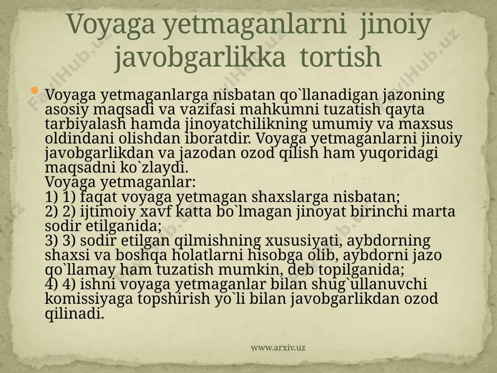 umumiy turlari mavjud: jazoning ijro etish muddatining o`tib ketganligi munosabati bilan jazodan ozod qilish (jinoyat kodeksi 69-m); shaxsning ijtimoiy xavflilik xususiyatini yo`qotish munosabati bilan uni jazodan ozod qilish (jinoyat kodeksi 70-m); aybdorni chin ko`ngildan pushaymon bo`lganligi munosabati bilan jazodan ozod qilish (jinoyat kodeksi 71-m); shartli hukm qilish (jinoyat kodeksi 72-modda); kasalligi yoki mehnatga qobiliyatini yo`qotishi oqibatida jazodan ozod qilish (jinoyat kodeksi 75-modda); amnistiya akti yoki avf etish asosida jazodan ozod qilish (jinoyat kodeksi 76-modda). voyaga yetmagan shaxsni javobgarlik va jazodan ozod qilishning quyidagi maxsus turlari mavjud: 1) 1) voyaga yetmaganlarning ishlarni voyaga yetmaganlar ishlari bilan shug`ullanuvchi komissiyaga topshirish orqali jazodan ozod qilish; 2) 2) majburlov chorasini qo`llash orqali jazodan ozod qilish voyaga yetmaganlarni jinoiy javobgarlikdan ozod qilish orqali faqat ishni voyaga yetmaganlar ishlari bilan shug`ullanuvchi komissiyaga topshirish orqali amalga oshirilishi mumkin. www.arxiv.uz www.arxiv.uz bunday qarorga kelish uchun jinoyat kodeksi 87-moddasi 1-qismida ko`rsatilgan shartlar: 1) 1) jinoyat sodir etish vaqtida shaxsning …