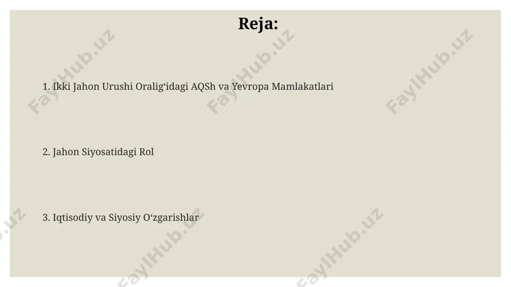 ari, jahon siyosatiga aralashmaslik siyosatini olib bordi, bu esa, versal shartnomasi va yevropadagi boshqa siyosiy jarayonlarda cheklangan ishtirokni anglatadi. fransada va buyuk britaniyada 1930-yillardagi iqtisodiy inqiroz, ularning harbiy kuchlarini mustahkamlashga va sharqiy yevropa mamlakatlari bilan aloqalarni kuchaytirishga olib keldi, ammo bu ittifoqlar doimo samarali bo'lmadi. ikki jahon urushi oraligʻidagi aqsh va yevropa mamlakatlari 1930-yillardagi buyuk depressiya germaniyada fashizmning o'sishiga, milliy sotsialistik ishchi partiyasi kuchini oshirishga va keyinchalik ikkinchi jahon urushining boshlanishiga sabab bo'lgan muhim omil bo'lgan. ikkinchi jahon urushi arafasida aqshning yalpi ichki mahsuloti (yaim) 1929 yilda buyuk depressiya tufayli keskin pasayib, 1933 yilda 30% ga kamaygan, bu esa qo'shma shtatlarda keng tarqalgan ishsizlikka olib kelgan. fransiya va buyuk britaniya kabi yevropa mamlakatlari versal shartnomasi bilan qo'yilgan qattiq cheklovlarga duch kelishgan, bu ularning iqtisodiy tiklanishiga va jahon siyosatidagi rolini tiklashga to'sqinlik qilgan. iqtisodiy inqiroz va uning taʼsiri buyuk depressiya davrida aqsh hukumati, franklin d. ruzveltning "yangi kurs" dasturi orqali, ishsizlikni …