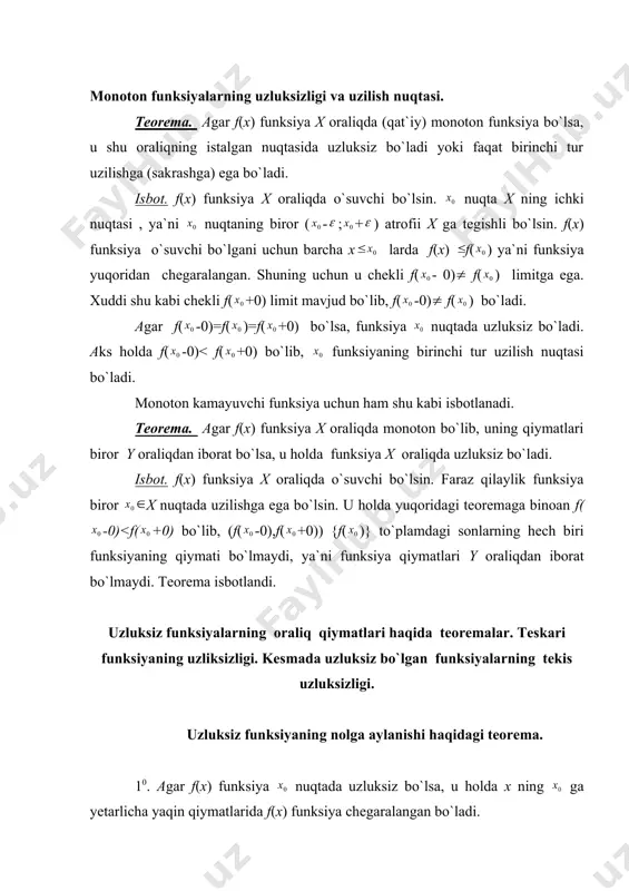 ma. (veyershtrassning ikkinchi teoremasi). agar f(x) funksiya [a;b] segmentda aniqlangan va uzluksiz bo`lsa, funksiya shu segmentda o`zining aniq quyi va aniq yuqori chegaralariga yerishadi. isbot. teoremaning xulosasini quyidagicha aytish mumkin, ya`ni [a;b] segmentda shunday x1 va x2 nuqtalar topiladiki, f(x1)= {f(x)}, f(x2)= {f(x)} bo`ladi (ya`ni f(x1) - f(x) funksiyaning [a;b] segmentdagi eng katta qiymati, f(x2) esa eng kichik qiymati). f(x) funksiya [a;b] da uzluksiz bo`lgani uchun veyershtrassning birinchi teoremasiga binoan f(x) [a;b] da chegaralangan, demak aniq yuqori va aniq quyi chegaralarga ega: {f(x)}=m , {f(x)}=m deylik. endi [a;b] da biror x1 nuqtasi uchun f(x1)=m bo`lishini ko`rsatamiz. teskarisini faraz qilaylik, ya`ni barcha x [a;b] larda f(x) 0 son topilib, ((x) ( bo`ladi. bundan f(x) x2 bo`lsin. u holda y=f(x) funksiya qat`iy o`suvchi bo`lganligi uchun f(x1)>f(x2), ya`ni y1>y2 bo`ladi. bu esa y1 0 uchun shunday >0 son topilib, |x- | 0 ga bog`liq bo`lib, nuqtaga bog`liq emas. ta`rif: agar har bir >0 …