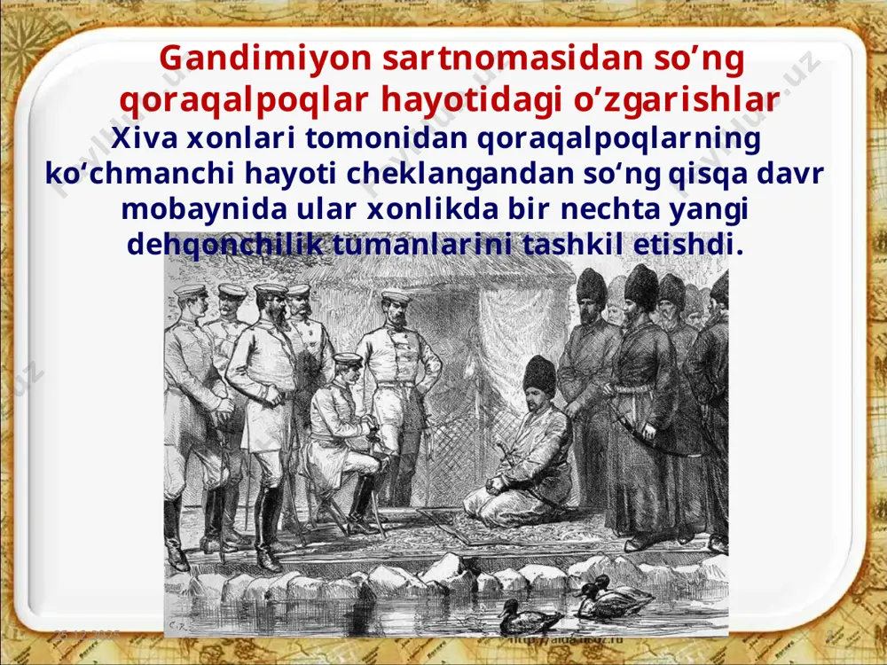 ori vujudga keldi. 24.08.2020 9 qoraqalpoq hunarmand va dehqonlari bozor bo‘ladigan kunlarda o‘z mahsulotlarini sotish uchun chimboyga kelishar edi. 24.08.2020 10 ijtimoiy iqtisodiy o’zgarishlar 24.08.2020 11 chimboy rossiya imperiyasini xiva xonligining asosiy iqtisodiy markazlari bilan bog‘lardi. bu yerda ko‘plab do‘konlar bo‘lib, katta bozor yaqinida yirik karvonsaroy joylashgan edi. 1914-yilda qoraqalpoqlar yashaydigan joylarda atigi to‘rtta umumta’lim maktabida 200 nafar o‘quvchi o‘qir, ikkita kasalxona va feldsherlik punktida uch shifokor ishlar edi. 24.08.2020 12 dehqonlar va chorvadorlar orasida mulkiy tabaqalanish kuchaydi. ayrim biylar, yuzboshilar, mulla va eshonlarning yer mulklari 15 ming tanobgacha (1 tanob – 2500 kv. m yer) bo‘lsa, oddiy xalq tomorqalari 1–2 tanobdan oshmas edi. 24.08.2020 13 aholining tabaqalanishi qoraqalpoqlarda chorva mollari soniga qarab ham belgilangan. 1871–1872-yillar ma’lumotlariga qaraganda, urug‘ning aksariyat oddiy a’zolari chorvaga ega bo‘lishmagan, ayrim boylar ming boshgacha qoramol va 1,5 ming boshgacha qo‘y-qo‘ziga ega edi. 24.08.2020 14 qashshoqlashib qolgan va kasodga uchragan dehqonlar katta yer egalari va boylarga …