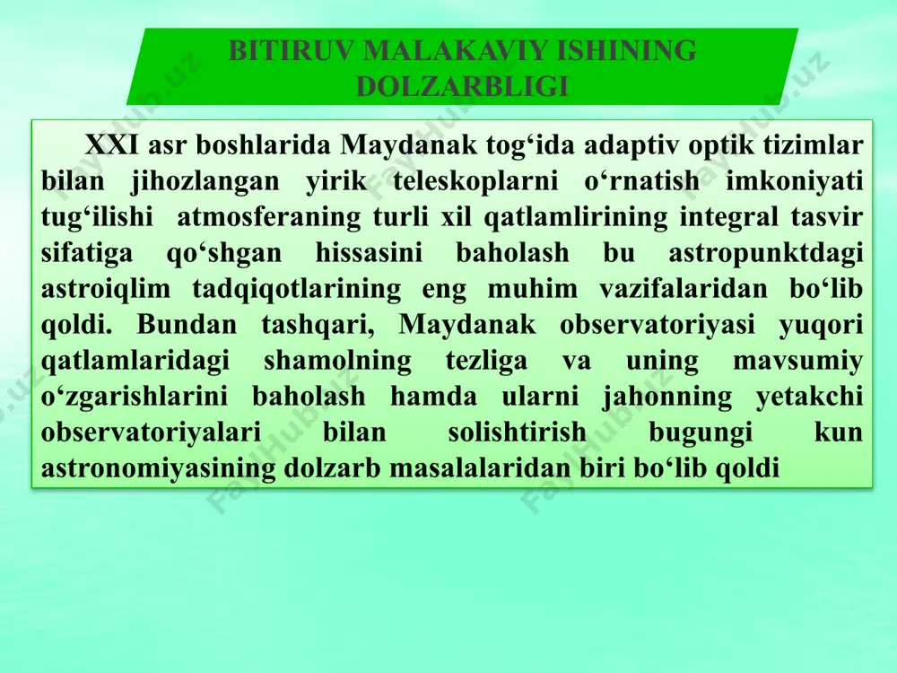 metri – tungi tasvir sifatini o‘lchash tadqiqotlari taxlil qilindi. klaassik usulda bajarilgan tadqiqot natijaliri bir-biridan keskin farq qiladi. 1996-2006 yillarda tasvir sifatini o‘lchash dimm-uskunasi yordamida bajarildi. tungi tasvir sifatining o‘rtacha va mediana qiymati butun kuzatish davri uchun mos ravishda 0.77 va 0.71 yoy sek. ni tashkil etdi. eng yaxshi mediana miqdori (taxminan 0.60 yoy sek.) noyabr oyida kuzatildi. maydanak observatoriyasi ustida 200 mb sathdagi (~ 11 km) tropopauza qatlami yuqori shamoli taxlil etildi. bu shamolning 1991 yildagi o‘rtacha tezligi 26.8 m/sek ni tashkil etib, uning yo‘nalishi asosan g‘arbdan bo‘ldi. ushbu miqdor maydanak uchun korrasko va boshqalar maqolasida topilgan miqdor bilan to‘la mos tushadi. shuni ta’kidlash lozimki, maydanakda yuqori qatlam shamoli tezligining o‘zgarishlari kuchsiz namoyon bo‘ladi va bu esa o‘z navbatida, adaptiv optika metodlarini va interferometrlar uchun kerakli qo‘shimcha qo‘shimcha parametrlarining barqarorligini ta’minlaydi xulosa e'tiboringiz uchun raxmat image3.png image4.wmf oleobject7.bin oleobject8.bin oleobject9.bin oleobject10.bin oleobject11.bin oleobject12.bin oleobject1.bin oleobject2.bin oleobject3.bin oleobject4.bin oleobject5.bin oleobject6.bin …