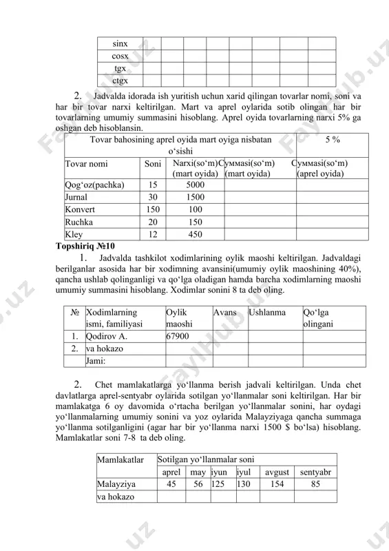 summasi(million so‘m hisobida) 2010 2011 2012 2013 2014 intervest va hokazo 45 56 78 109 136 2. jadvalda uy-joylar uchun to‘lov shartlari keltirilgan. a2 katak- chada 1 kv.m uchun issiqlik manbaiga, b2 yacheykada 1 kishi uchun so- vuq suvdan foydalanish to‘lovi berilgan. a va b ustunlarda uy-joyning umumiy maydoni va yashovchilar soni keltirilgan. c ustunga isitish uchun, d ustunga sovuq suv uchun, e ustunga uy-joy uchun umumiy to‘lovlar yig‘indisini hisoblang. a b c d e 1 isitish manbai (so‘m/kv.m) sovuq suv (odam jon boshiga so‘m hisobida 2 3,45 12,46 3 4 uy-joyning umumiy maydoni, kv.m yashovchilar soni isitish uchun to‘lov (so‘m) sovuq suv uchun to‘lov (so‘m) umumiy summasi (so‘m) 5 125 8 va hokazo topshiriq №12 1. jadvalda samarqand shahrini boshqa shaharlar bilan bog‘lay- digan aviareyslar to‘g‘risida ma’lumot berilgan. jadvalni xuddi shu tar- tibda 5-6 ta satrgacha to‘ldiring. jadval asosida yarim yilda har bir shaharga qatnagan reyslar sonini, har oyda …
