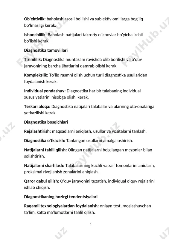 k ko'nikmalarini rivojlantirish. asosiy vakolatlarni shakllantirish: aloqa, axborot, ijtimoiy. ta’lim jarayoniga ta’sir etuvchi omillar o'qituvchi: uning kasbiy mahorati, tajribasi, o'qitish usullari. talaba: uning motivatsiyasi, qobiliyatlari, qiziqishlari, o'rganish uslubi. ta'lim mazmuni: o'quv rejalari, o'quv materiallari. ta’lim usullari: an’anaviy va innovatsion usullar. treningni tashkil etish shakllari: individual, guruhli, frontal. o‘quv qurollari: darsliklar, o‘quv qo‘llanmalar, texnik vositalar. o'quv sharoiti: sinf xonasi, jihozlar, kutubxona. ijtimoiy muhit: oila, maktab, jamiyat. o'qitishning turli bosqichlarida o'quv jarayonining xususiyatlari maktabgacha ta'lim: o'yin usullari, hissiy va motorli ko'nikmalarni rivojlantirish, sotsializatsiya. boshlang'ich ta'lim: ommaviy ta'lim, asosiy o'qish, yozish va hisoblash ko'nikmalarini egallash. asosiy umumiy ta'lim: ta'limni tabaqalashtirish, alohida fanlarni chuqur o'rganish. o'rta kasb-hunar ta'limi: amaliy yo'naltirilganlik, nazariy bilim va amaliy ko'nikmalar uyg'unligi. oliy ma'lumot: mustaqil ish, ilmiy tadqiqot, mutaxassislik. zamonaviy ta'limning muammolari axborotning haddan tashqari yuklanishi: o'zlashtirilishi kerak bo'lgan juda ko'p ma'lumot. dunyodagi tez o'zgarishlar: bilim va ko'nikmalarni doimiy ravishda yangilash zarurati. o'rganishni individuallashtirish: har bir o'quvchi uchun individual traektoriyalarni …