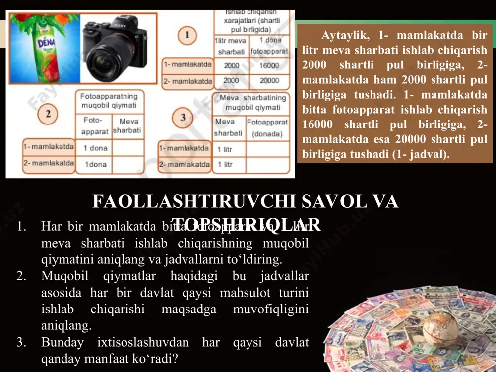 , 1- mamlakatda bir dona elektr lampochkasi va bir dona plastmassa idish ishlab chiqarish uchun 2- mamlakatdagiga qaraganda kam ish vaqti sarflanadi, ya’ni 1- mamlakat bu sohalarda mutlaq ustunlikka ega. lekin 1- mamlakatda elektr lampochkasi ishlab chiqarishning muqobil qiymati 30:10=3 dona plastmassa idishni, 2- mamlakatda esa 40 : 20 = 2 dona plastmassa idishni tashkil qiladi. * demak, 2- mamlakat elekrt lampochkasi ishlab chiqarishda 1- mamlakatga nisbatan nisbiy us tunlikka ega. ikkinchi tomondan , 1- mamlaka t plas tmassa idish ishlab chiqarishda 2-mamlakatga nisbatan nisbiy ustunlikka ega. chunki bir dona plas tmassa idishni ishlab chiqarishning muqobil qiyma ti 1- mamlakatda 10 : 30 = 1/3 ta elektr lampochkasini, 2- mamlakatda esa 20 : 40 = 1/2 ta elektr lampochkasini tashkil qiladi. shu bois, agar 1- mamlakat plastmassa idish ishlab chiqarishni o‘zida tashkil qilib, 2- mamlakatga sotsa va elektr lampochkasini 2- mamlakatdan sotib olsa, maqsadga muvofiq bo‘ladi chunki elektr lampochkasi ishlab …