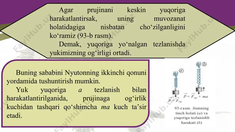 hillari yuqoriga keskin ko‘tarilish boshlanishi bilan qo‘shimcha kuch ta’sir etayotganligini, o‘rindiqqa kattaroq og‘irlik bilan bosim bo‘layotganligini, ya’ni yuklamani sezadilar. pastga tomon keskin tushishda esa erkin tushish tezlanishi bilan harakat qilishni boshlagan qatnashchilar vaznsizlikni his qiladilar.