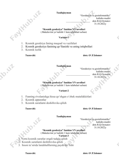 kosmik geodeziya fanidan yn savollari — DOCX