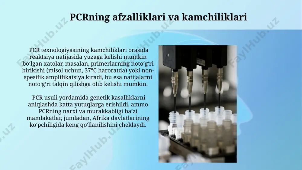 cr analizlari, 20-40 sikldan so'ng, dnk miqdorini aniqlash imkonini berib, virusli infektsiyalarni diagnostikada, masalan, aqshda covid-19 pandemiyasi davrida keng qo'llanildi. pcr mahsulotlarini sekvenlash, 99% aniqlik bilan, nutq genetikasi tadqiqotlarida, masalan, o'zbekiston fanlar akademiyasida o'tkazilgan tadqiqotlarda genetik mutatsiyalarni aniqlashda qo'llaniladi. pcr ning asosiy bosqichlari taq polimerazasi 72°c da yangi dnk zanjirlarini sintez qiladi va bu jarayon, dnk uzunligiga qarab, 1-2 minut davom etadi. bu bosqich, termofil bakteriyalardan olingan fermentlar yordamida amalga oshiriladi. pcr ning birinchi bosqichi, denaturasiyasi 94-96°c haroratda ikki zanjirli dnk ning bir-biridan ajralishiga olib keladi va bu jarayon, odatda, 30 soniya davom etadi. pcr texnologiyalari tarixi kary mullis 1983-yilda kaliforniya shtatida, cetus korporatsiyasida ishlayotganida polimeraz zanjiri reaksiyasi (pcr) texnologiyasini ixtiro qildi, bu esa genetik materiallarni ko'paytirishda inqilob qildi. pcrning rivojlanishi genetik muhandislik, tibbiyot diagnostikasi va sud-tibbiyot ekspertizasida katta yutuqlarga olib keldi, masalan, 1995 yilda birinchi marta to'liq genomni sekvensiyalashda qo'llanildi. real-time pcr (rt-pcr) real-time pcr (rt-pcr) texnologiyasi, 1990-yillarning boshlarida …