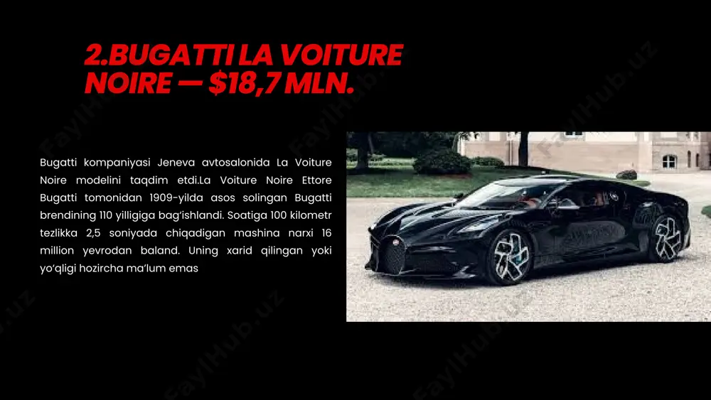 cha cheklangan. avtomobilning ichki qismi faqat ikki kishini sig'dira oladi. 5.bugatti divo — $5,8 mln. a motorsports gathering avtosalonida bugatti o‘zining eng yangi superkari – divo’ni taqdim qildi. divo modeli bugatti chiron kupesi negizida qurilgan bo‘lib, biroq uning kuzov panellari mutlaq o‘zgachadir. avtomobil aerodinamikasi batafsil ishlab chiqilgan, shassi va podveskasi o‘zgartirilgan. yangi diffuzor va aksqanot o‘rnatilgan bo‘lib, mashinani bosish kuchini 90 kg ga, ya'ni 456 kggacha oshirgan.e'tiborlisi, narxi 5 mln yevroni tashkil qiluvchi ushbu avtomobildan 40 dona ishlab chiqarilgan bo‘lib, ularning barchasi bir zumda sotib yuborilgan. 6.koenigsegg ccxr trevita — $4,8 mln. koenigsegg ccxr trevita bugungi kunda dunyodagi eng qimmat ketma-ket yo’l avtomashinasi hisoblanadi va bu hayratlanarli emas, axir avtomashina chinakamiga olmoslar bilan qoplangan. trevita modelida shved ishlab chiqaruvchisi yangi koenigsegg proprietary diamond weave nomli olmos changli uglevodorod tolasi bilan tashqibezak berilgan. kapotining ostida 4,8-litrli ikkilamchi turbopuflatgichli, 1004 ot kuchi va aylantirma 1080 hm li v8 dvigatel bor. 7.lamborghini veneno …