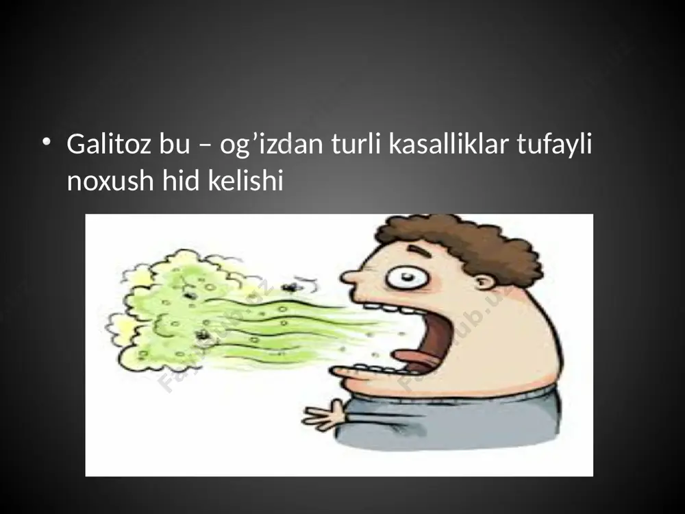 nadi yani u qaysi organ zararlanishi natijasida kelib chiqdi? shu savolga javob topib keyin o’sha sistema mutaxasisiga yuboriladi. natijada davo samarali natija beradi galitozni oldini olishda og’iz bo’shlig’ini gigienik holatini doimiy ravshda yaxshi ushlash tishlarni 2 maxal, tishlarni yuvish qoidalari asosida 3 – 5 minut yuvish galitozga olib keladigan infeksion kasalliklardan saqlanish ovqatni sifati, tarkibi, qattiq yumshoqligiga etibor bergan xolda ovqat ratsioniga amal qilish etiboringiz uchun rahmat! image1.jpeg image2.jpeg image3.jpeg image4.jpeg image5.jpeg image6.jpeg image7.jpeg image8.jpeg image9.jpeg image10.jpeg image11.jpeg image12.jpeg image13.jpeg image14.jpeg image15.jpeg image16.jpeg image17.jpeg image18.jpeg image19.jpeg image20.jpeg image21.jpeg image22.jpeg image23.jpeg image24.jpeg image25.jpeg image26.jpeg image27.jpeg image28.jpeg image29.jpeg image30.jpeg image31.jpeg image32.jpeg image33.jpeg image34.jpeg /docprops/thumbnail.jpeg