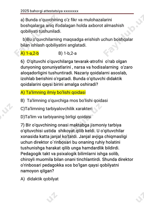 ilibketishdaqiyinchilikkaduchkeldi. uodatdako‘pgapirmasvaboshqalarbilanmuloqot qilishnixohlamasedi.o‘qituvchibolabilanalohida gaplashishgaqarorqildi.ubolaningqiziqishlari,orzulari vaqiyinchiliklarihaqidaso‘radi.bolaningichki hissiyotlarinitushunishuchununingso‘zlarinie’tibor bilantingladivaungaishonchbildirdi.o‘qituvchibolaning ichkikuchinirivojlantirishuchunungakichikvazifalar berdivaharbirmuvaffaqiyatinimaqtadi.shubilanbirga, o‘quvchinio‘zfikrlarinisinfdaochiqaytishgaundadi.vaqt o‘tishibilanbolao‘ziganisbatanishonchinioshirdiva sinfdafaolroqbo‘laboshladi.endiusinfdoshlariga yordam beradiganvao‘zfikrlarinianiqifodaqiladigan darajadao‘zinierkinhisqilaboshladi.ushbuvaziyatda o‘qituvchidaqaysiqobiliyatrivojlangan? a)shaxsningichkiqobiliyati b)perseptivqobiliyat c)kommunikativqobiliyat d)emпатikqobiliyat 16)moslashtiring. 1.kommunikatsiya 2.koolobratsiya a)bundao‘quvchiningo‘zfikrvamulohazalarini boshqalargaaniqifodalaganholdaaxborotalmashish qobiliyatitushuniladi. 2025bahorgiattestatsiyaxxxxxxxx b)buo̒quvchilarningmaqsadgaerishishuchunboshqalar bilanishlashqobiliyatinianglatadi. a)1-a,2-b b)1-b,2-a 17)o'quvjarayoninitashkiletishdao'qituvchiuchunzarur bo'lganko'nikmalarnianiqlng. 1.o'quvchilarningbiliminibaholashnatijasidaolingan ma'lumotlarniinobatgaolganholdarejalarni muvofiqlashtirish 2.darsvaqtinioqilonarejalashtirish,darsningmaqsad, shaklvausullarinianiqlash 3.sinfniboshqarisho'quvchilarhamkorligidagivaloyiha ishlarinitashkiletish 4.bolalarbilanmuloqotqilish,ularningqadrqimmatinitan olish a)3,4 b)2,3 c)1,3 d)1,2 18)o'qituvchidarsdavomidauygaberilganvazifani tekshirdi,o'tilganlarnitakrorlashuchunsavol-javob o'tkazdi.yangimavzuniyoritgacholinganbilimlarni mustahkamlashuchuno'quvchilarbilanturlimashqlar bajardi.so'nguydabajariladiganvazifalarnitushuntirdiva darsniyakunladi.bundaudarsningqaysituridan 2025bahorgiattestatsiyaxxxxxxxx foydalandi? a)bilimlarnimustahkamlashvatakrorlashdarsi b)aralashdars c)olinganbilimlarnitekshirishdarsi d)ko'nikmavamalakalarniishlabchiqi