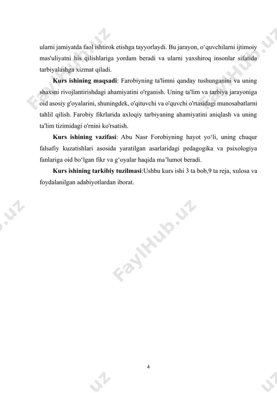 ta reja, xulosa va foydalanilgan adabiyotlardan iborat. i.bob. abu nasr forobiyning pedagogik fikrlarining nazariy asoslari. 1.1. forobiyning bilim va ta’limga bo‘lgan yondashuvi. abu nasr forobiy, o'rta asr sharq mutafakkirlarining buyuk namoyandasi sifatida, ko'plab ilmiy sohalarda, jumladan, pedagogika va ta'lim masalalarida ham noyob qarashlarni rivojlantirgan. uning bilim va ta’limga bo‘lgan yondashuvi hozirgi zamon ta’lim tizimiga ham yuksak ahamiyatga ega. forobiyning ilmiy faoliyati, xususan, bilimni egallash jarayoni va ta’lim tamoyillariga oid mulohazalari o‘sha davrning madaniy-ma’naviy rivojiga ulkan hissa qo‘shgan. forobiy ta’lim masalasini insoniyatning ma’naviy kamoloti va jamiyat taraqqiyotining asosi sifatida qaraydi. u bilimni nafaqat shaxsiy rivojlanish vositasi, balki jamiyatning ijtimoiy-iqtisodiy va[footnoteref:2] axloqiy taraqqiyotiga zamin yaratadigan asosiy unsur deb hisoblagan. forobiy fikricha, inson o'zining tabiiy qobiliyatlari va intilishlari orqali ma'lum bir mukammallikka erisha oladi, ammo bu jarayon to'g'ri yo'naltirilgan ta'lim va tarbiya yordamida amalga oshadi. [2: mirziyoyev sh.m. xalqimizning roziligi bizning faoliyatimizga berilgan eng oliy bahodir. 2-jild. – toshkent: oʻzbekiston, 2018. – b.253.] …