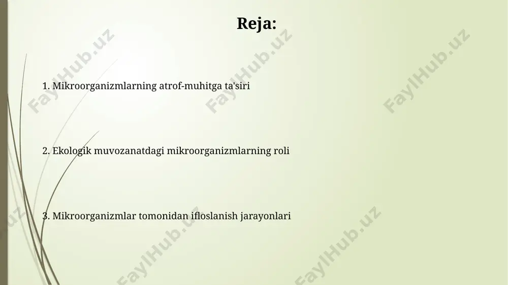 nab, ozuqa moddalarining hazm bo'lishiga va immunitet tizimining shakllanishiga ta'sir qiladi. taxminan 30% dan ortiq dengiz hayvonlari simbiotik munosabatlarda mikroorganizmlar bilan yashaydi, ular oziq-ovqat olishda, himoya mexanizmlarini yaratishda va atrof-muhit sharoitlariga moslashishda yordam beradi. suv havzalaridagi mikroorganizmlar suv havzalari ekologiyasida fitoplankton kabi mikroorganizmlar suvning 40-50% kislorodini hosil qiladi, bu esa suv hayotining asosiy sharti hisoblanadi. suv havzalaridagi bakteriyalar va arxeylar organik moddalarni parchalab, mineralizatsiya jarayonida muhim rol o'ynaydi, biokimyoviy sikllarni 10-15% tezlashtiradi. mikroorganizmlarni o'rganishning ahamiyati mikroorganizmlarni o'rganish, 1000 dan ortiq yangi antibiotiklarni kashf etish va ularning 70%ini tibbiyotda qo'llash imkoniyatini beradi, bu esa inson salomatligini sezilarli darajada yaxshilaydi. mikroorganizmlar ekologik tizimlarning muhim qismi hisoblanadi va ularning metabolizmi tuproq unumdorligini 30% ga oshirishi mumkin, bu o'simliklarning o'sishi va hosildorligi uchun juda muhimdir. mikroorganizmlar va oziq-ovqat mahsulotlari sut mahsulotlarida, masalan, pishloq ishlab chiqarishda, 10 6 dan ortiq foydali bakteriya koloniyalari ishlatiladi, fermentatsiya jarayonini tezlashtiradi. oziq-ovqat mahsulotlarining saqlash muddatini uzaytirish uchun past harorat …