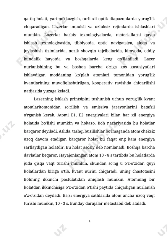 , issiqlik va boshqa) ni optik diapozondagi kogerent elektromagnit nur energiyasiga aylantrib beradi. u uch element – energiya manbayi, aktiv muxit, ya’ni modda, teskari bog’lanishdan iborat (agar lazer kogerent nurni kuchaytrishi uchun hizmat qilsa, teskari bog’lanish zarur emas). lazerlar boshqa yorug’lik manbalaridan kogerentligi, monoxramatikligi, juda kichik burchak ostida yo’nalganligi bilan, nur quvvqtining katta spektral zichlikka, juda yuqori tebranish chastatasiga egaligi bilan farqlanadi[footnoteref:1]. aktiv muxitga ko’ra, lazerlar quyidagi guruhlarga bo’linadi: [1: a.n. remizov "tibbiy va biologik fizika".] qattiq jisim va suyuqlikdan tayyorlangan lazerlar; gazli lazerlar; yarimo’tkazgichli lazerlar; bulardan tashqari, eksimer, kimyoviy va boshqa lazer turlari ham bor. lazerda teskari bog’lanish optik rezanator (ikki ko’zgu) yordamida amalga oshiriladi. ko’zgular orasiga aktiv modda joylashtiriladi. nur to’lqin ko’zgudan qaytib, yana aktiv moddadan o’tadi, unda majburiy o’tishlarni yuzaga keltradi. ko’zgulardan biri qisman shaffof bo’lib, u cheksiz ko’p o’tishlardan keyin kuchaygan nurnu tashqariga chiqib ketishiga xizmat qiladi. lazerning ishlash tamoyilida atomning tuzilishi muximdir. moddalarni tashkil qilgan …
