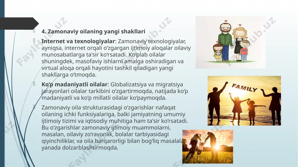 da va bolalarning sog‘lom rivojlanishiga yordam beradi. oila maslahatchiligi: oila ichidagi muammolarni hal qilishda psixologik maslahatlar, munosabatlar bo‘yicha treninglar va jismoniy-ruhiy yordam taqdim etish oila barqarorligini oshiradi. iqtisodiy yordam va dasturlar: oilalarga iqtisodiy yordam ko‘rsatish, ishsizlikni kamaytirish va daromad taqsimotini yaxshilash orqali oila farovonligini oshirish mumkin. oilalar uchun arzon uy-joy, ish joylari va moliyaviy ta'minot tizimlari yaratish ijtimoiy barqarorlikni ta'minlashda yordam beradi. ayollarni iqtisodiy mustahkamlash: ayollarning ish bilan ta'minlanishi, ular uchun malaka oshirish kurslari va biznes dasturlarini tashkil etish oiladagi iqtisodiy muammolarni kamaytiradi va ayollarni iqtisodiy jihatdan mustahkamlashga yordam beradi. 3. oilaviy ta'lim va tarbiya tizimini rivojlantirish oilaviy ta'lim dasturlari: ota-onalar va bolalar uchun oilaviy ta'lim dasturlarini rivojlantirish oilaviy munosabatlarni mustahkamlashga yordam beradi. bu dasturlar ota-onalar uchun tarbiya masalalarida ko‘nikmalar berish, bolalarga hurmat va mehr-muhabbatni o‘rgatish, oilaviy qadriyatlarni saqlashni ta'minlashda muhimdir. maktab va oila o‘rtasidagi hamkorlik: ta'lim tizimi bilan yaqin hamkorlik o‘rnatish, maktablarda oilaviy masalalar bo‘yicha treninglar, seminarlar tashkil etish …