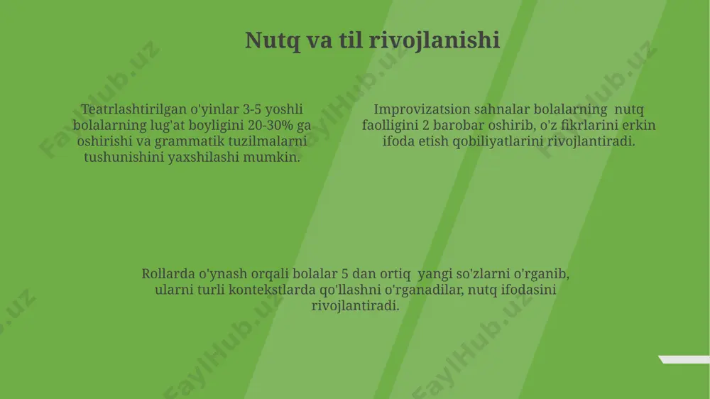 nch, gʻam-qaygʻu, gʻazab, qoʻrquv, hayrat) ifoda etishni oʻrganib, emotsional intellektini 15-20% ga yaxshilaydi. maktabgacha ta'lim muassasalarida teatr faoliyatining asosiy maqsadi maktabgacha ta'lim muassasalarida teatr faoliyatining asosiy maqsadi – bolalarni 5-6 yoshga to'lganida sahna madaniyatiga, tomoshabinlar bilan muloqotga o'rgatish, o'ziga ishonch hissini 2 barobar kuchaytirish orqali shaxsiy rivojlanishini ta'minlashdan iborat. maktabgacha ta'lim muassasalarida teatrlashtirilgan o'yinlar orqali bolalarning 3-7 yosh oralig'ida nutq apparati rivojlanishi, 50% ga yaqin lug'at boyligini oshirish va ijtimoiy-kommunikativ ko'nikmalarini shakllantirish asosiy maqsad hisoblanadi. teatr faoliyati bolalarda 2-4 yosh oralig'ida o'z-o'zini ifoda etish qobiliyatini rivojlantirishga, ijodkorlik va tasavvurni 30% gacha oshirishga, shuningdek, turli rollarni o'ynash orqali empatiya ko'nikmalarini shakllantirishga qaratilgan. tasavvur va xayolni rivojlantirish improvizatsiya elementlarini o'z ichiga olgan teatrlashtirilgan mashg'ulotlar bolalarning fikrlash tezligini 15% ga oshirib, muammolarni hal qilish qobiliyatini yaxshilaydi va xayolni kengaytiradi. rollarda o'ynash orqali bolalar kamida 3 ta turli xarakterni ifodalashga, shu bilan birga o'zlarining his-tuyg'ularini va tajribalarini ifoda etishga o'rganadilar, bu esa xayolparastlikni rivojlantiradi. …