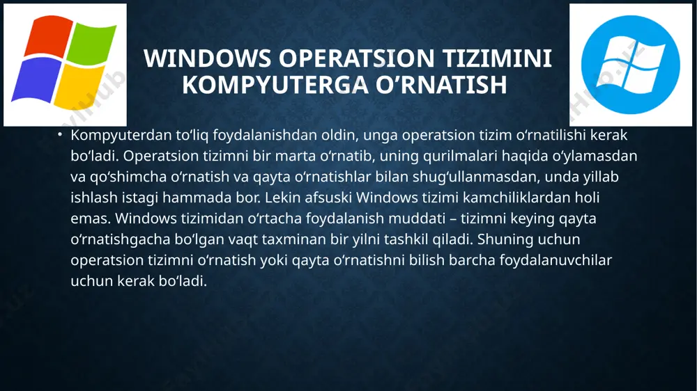 i oshirish uchun xizmat qiladi. bunday o‘rnatish davomida tizimli fayllarni va operatsion tizimning ichki aloqasini qayta tiklash mumkin. ilovalarning ishlash xususiyati saqlanadi, muammolar yo‘q bo‘ladi. windows operatsion tizimini o‘rnatish jarayoni har qanday usulda ham deyarli bir xil. birinchi bosqich – o‘rnatish ustasini (master ustanovki) tayyorlash va ishga tushirish. bunda foydalanuvchi qatnashmaydi va joriy operatsion muhitning doirasida amalga oshiriladi. kompyuterga qo’shimcha yangi qurilmalarni ulash kompyuterga qo’shimcha qurilamalar portlar orqali ulanadi. tashqi qurilmalarni ulash uchun kiritish/chiqarish kontrollerlarining ketma-ket va parallel portlari ishlatiladi, odatda, ularning razyomlari kompyuterning orqa panelida joylashtirilgan. portlar ma’lumotlarni bir yo‘nalishda uzatishni (simpleks ish tartibi), yo‘nalishlarni qayta ulashni (yarim dupleks ish tartibi) va har ikkala yo‘nalishlarda (dupleks ish tartibi) ma’lumotlarni uzatish ish tartiblarida ishlashi mumkin. abonentlarning ulanish topologiyasi ikki nuqtali (rs-232s interfeys uchun) yoki tarmoqlangan (vsb yoki fire wire) bo‘lishi mumkin. portlar parallel va ketma-ket turlarga bo‘linadi. parallel port printer, skaner yoki tashqi jamlagichni ulash uchun ishlatiladi. tashqi qurilmani parallel …