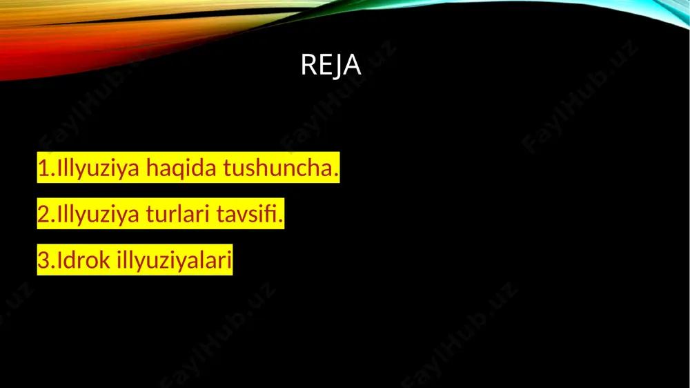 u turiga juda ko'plab misol keltirish mumkin. masalan, baravar kattalikka ega bomgan uchta ketma-ket turgan to‘g‘ri burchakli ustunchalarni chizib, ularning atrofiga uzoqlashtiruvchi chiziqlami chizsak, bu uchta ketma-ket turgan ustunchalar har xil kattalikda bomib ko'rina boshlaydi. bu erda uzoqlashtiruvchi chiziqlarning ta’sirida iliyuziya hosil bomadi. optik illyuziya turlari e’tiboringiz uchun rahmat .karimova v.m. psixologiya т-2002 у 8.крылова a. л. функциональная oprahroatsin слуховой системы: учебное пособие. — м.: изд-во мгу, 1985.2логвиненко а. д. психология восприятия: учебно-методическое пособие для студентов факультетов психологии государственных университетов. — м .: изд-во мгу, 1987. юлогвиненко а. д. чувственные основы восприятия пространства. — м.: изд-во мгу, 1985. 11.лурия. а.р. ощущения и восприятие.- м.: изд-во мгу 1975 12.маклаков а.г общая психология м.; “питер” 2003 3немов р. с. психология: учебник для студ. высш. пед. учеб. заведений: в 3-х кн. кн. 1 :общие основы психологии. — 2-е изд. — м.: владос 1998. 14.0бщая психология: курс лекций / сост. е. и. рогов. — …